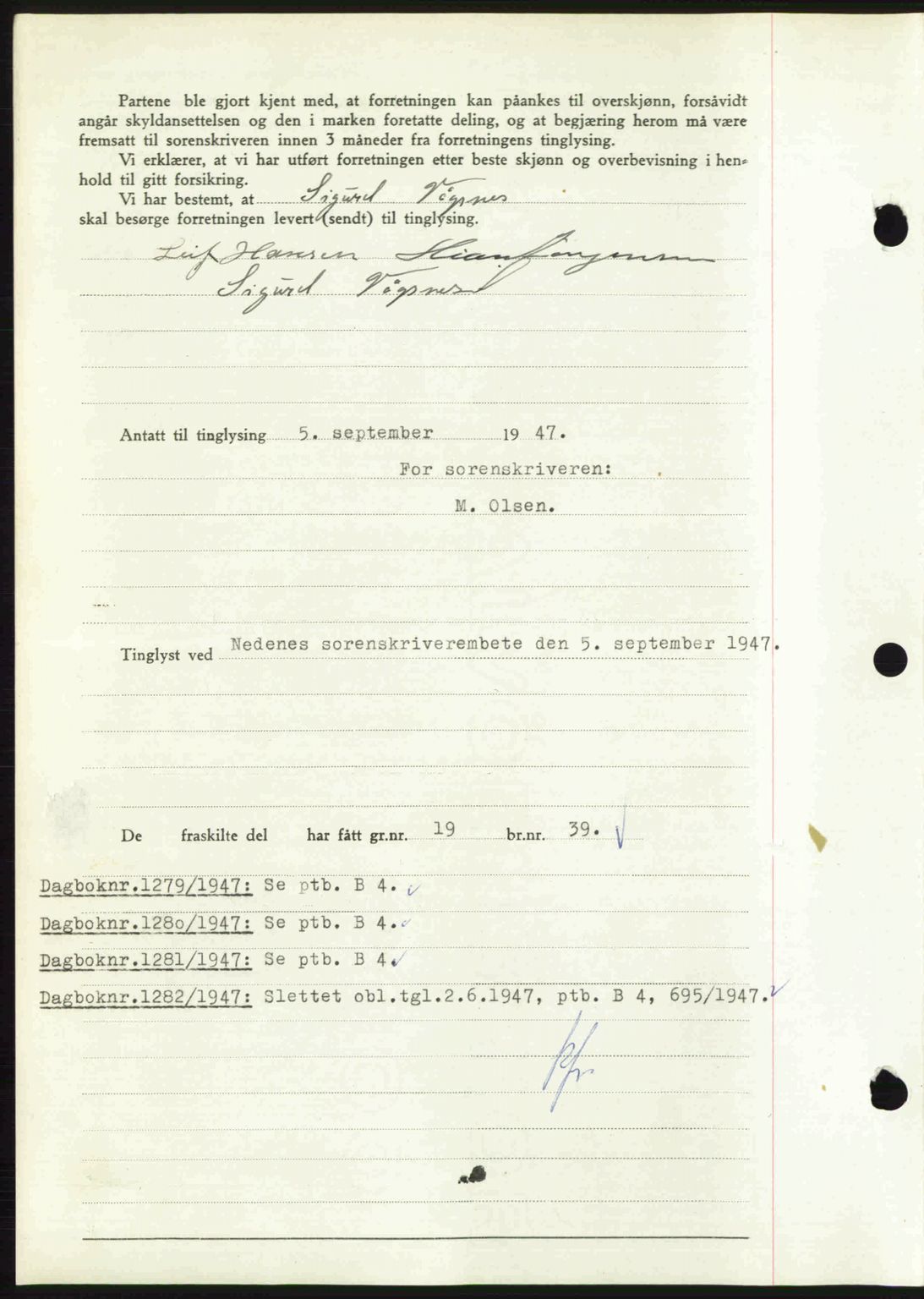 Nedenes sorenskriveri, AV/SAK-1221-0006/G/Gb/Gba/L0058: Mortgage book no. A10, 1947-1948, Diary no: : 1278/1947