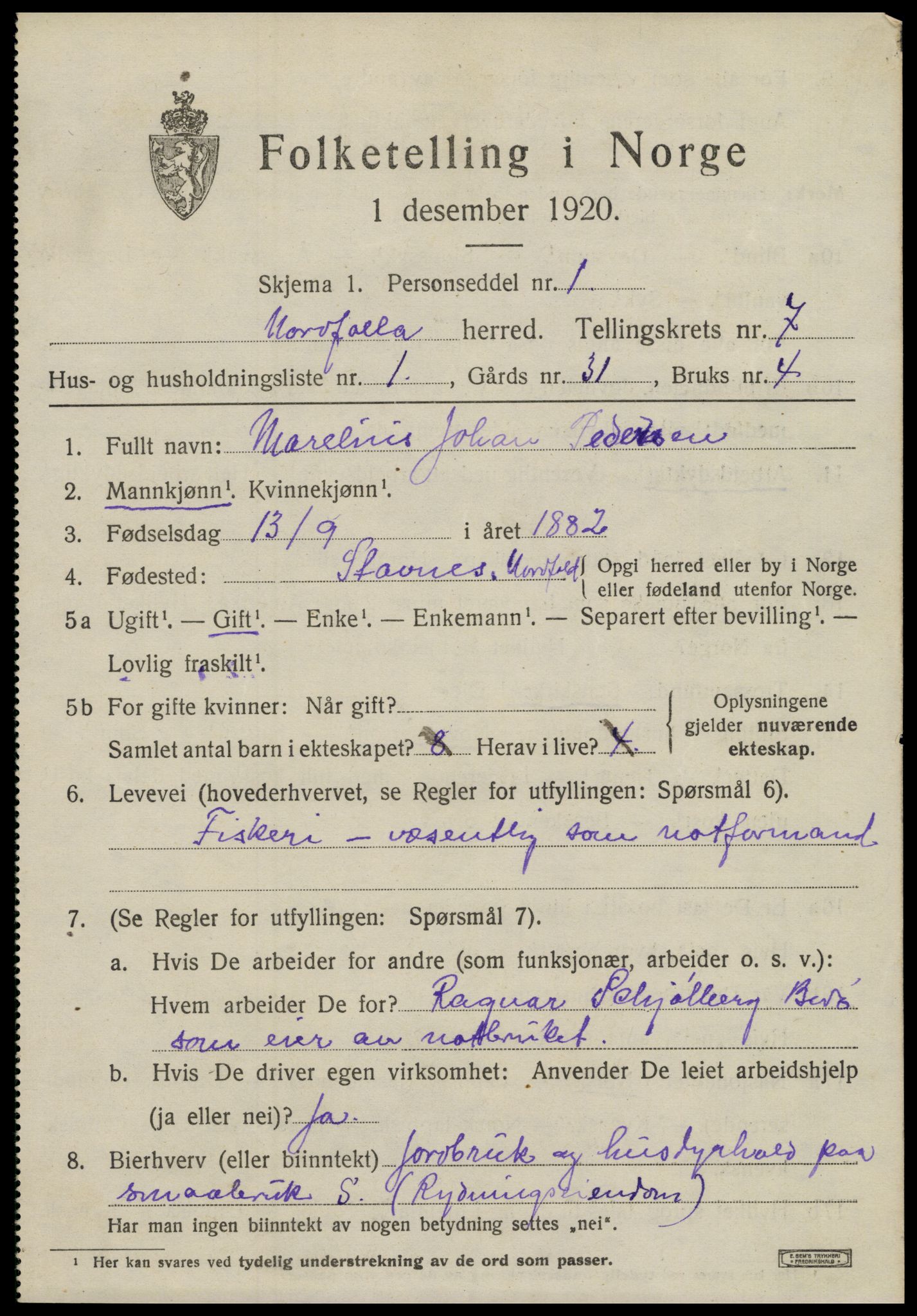 SAT, 1920 census for Nordfold, 1920, p. 2991