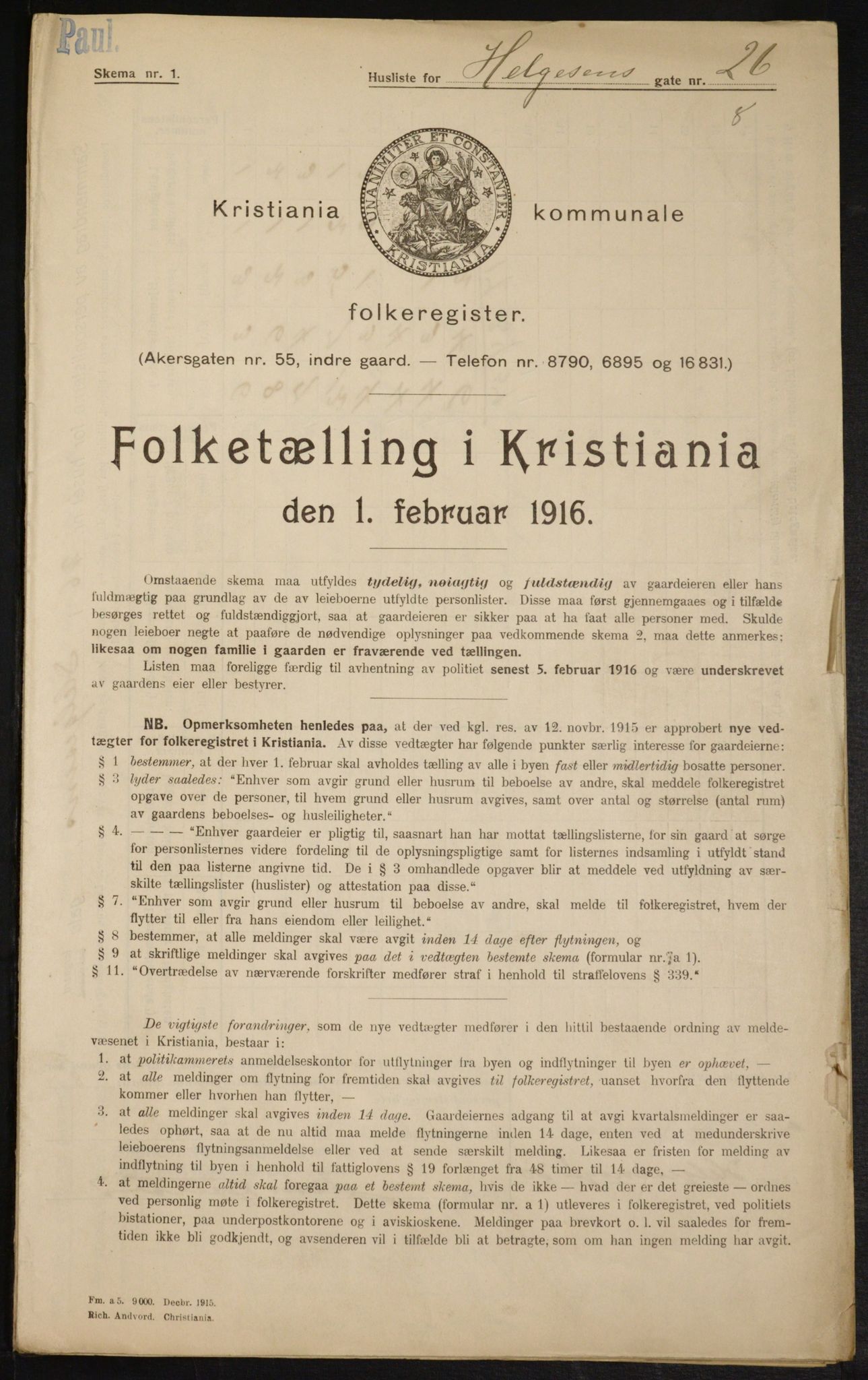 OBA, Municipal Census 1916 for Kristiania, 1916, p. 38582