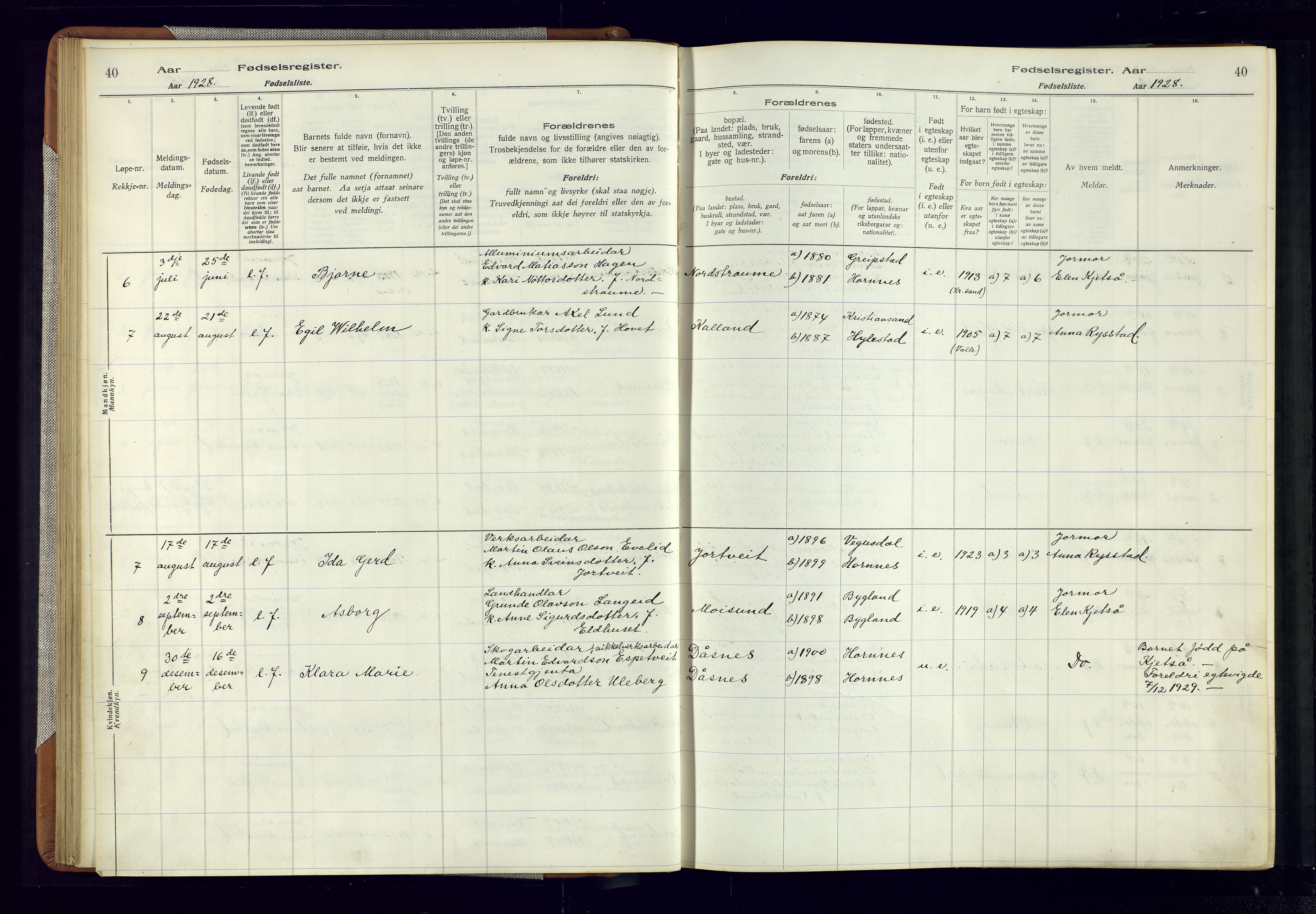 Evje sokneprestkontor, AV/SAK-1111-0008/J/Jc/L0006: Birth register no. 6, 1916-1982, p. 40