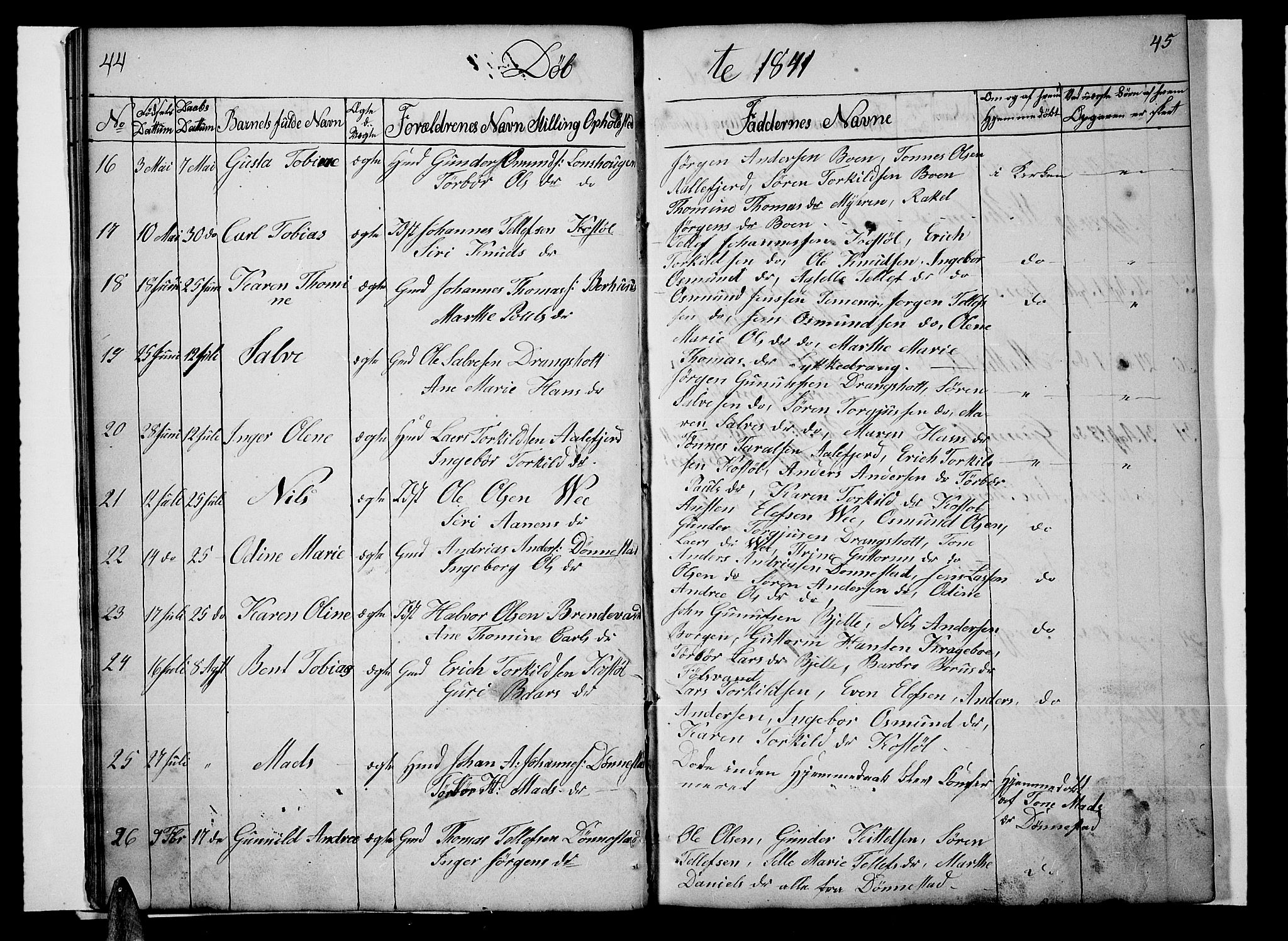 Tveit sokneprestkontor, SAK/1111-0043/F/Fb/L0002: Parish register (copy) no. B 2, 1835-1854, p. 44-45