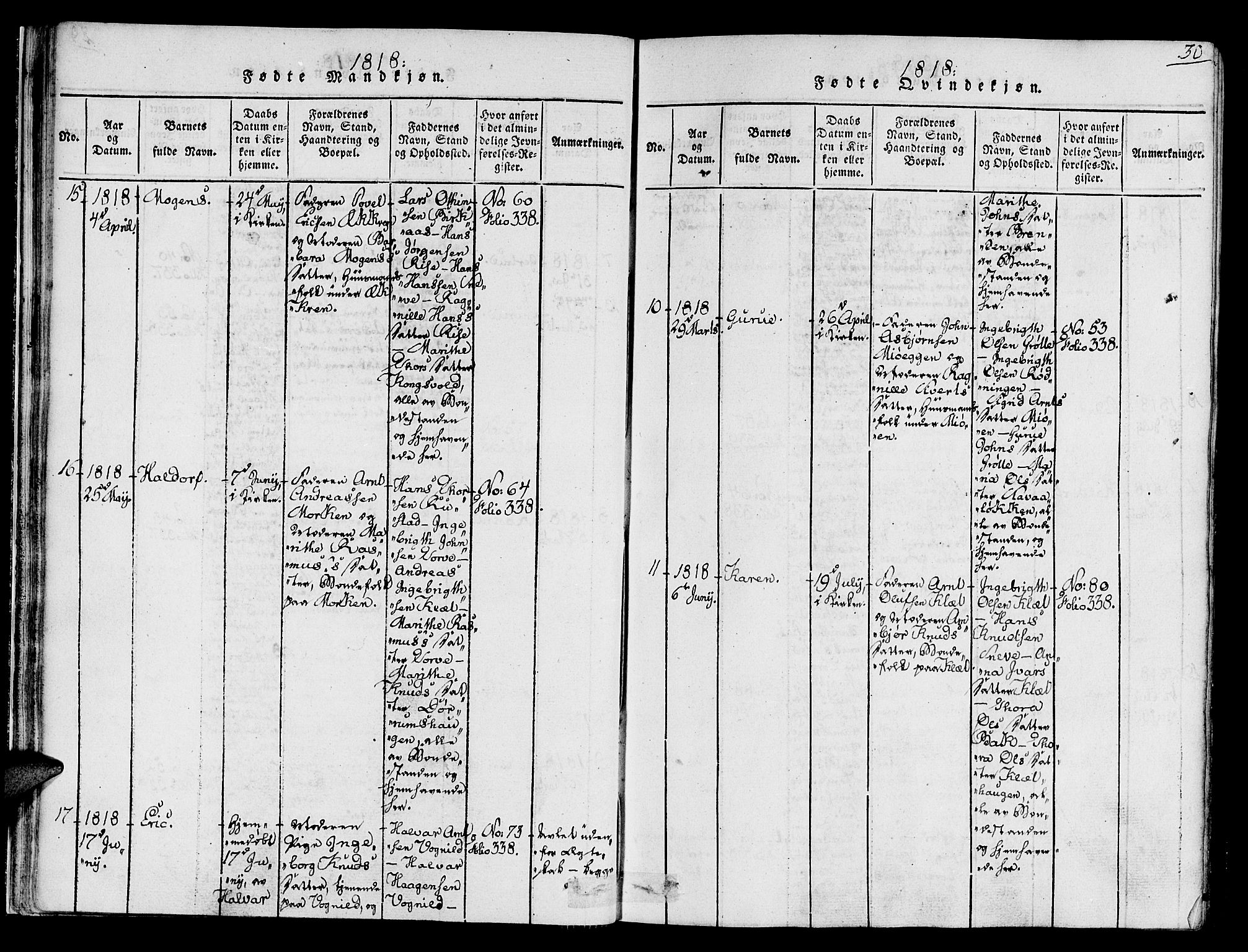 Ministerialprotokoller, klokkerbøker og fødselsregistre - Sør-Trøndelag, AV/SAT-A-1456/678/L0895: Parish register (official) no. 678A05 /1, 1816-1821, p. 30