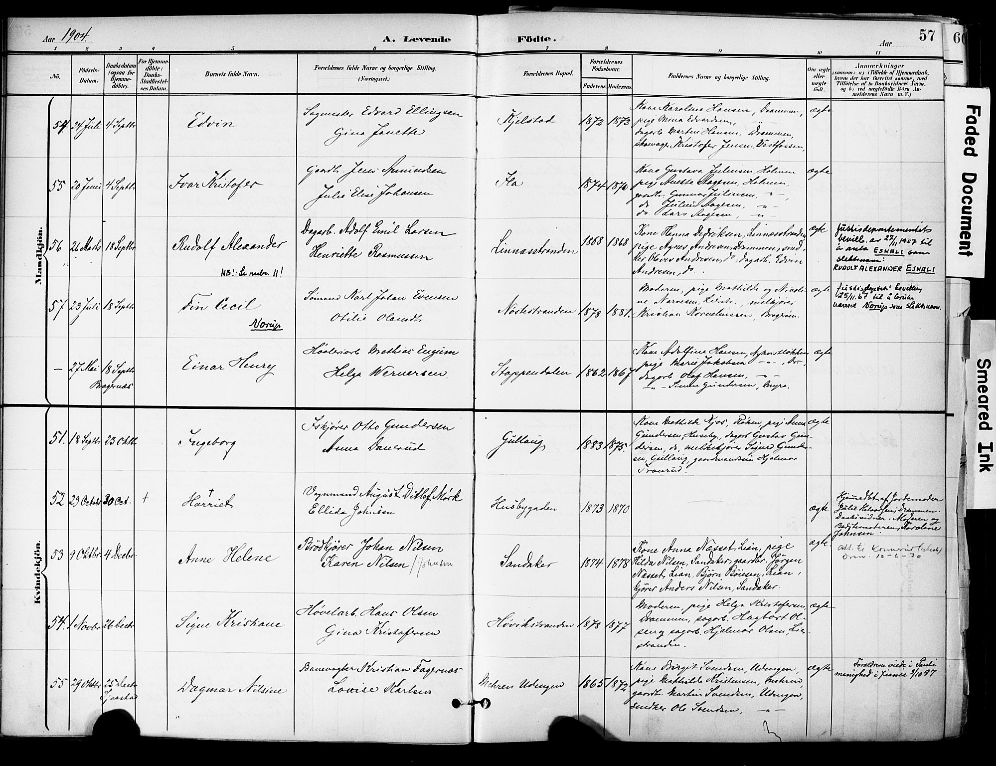 Lier kirkebøker, AV/SAKO-A-230/F/Fa/L0017: Parish register (official) no. I 17, 1901-1908, p. 57