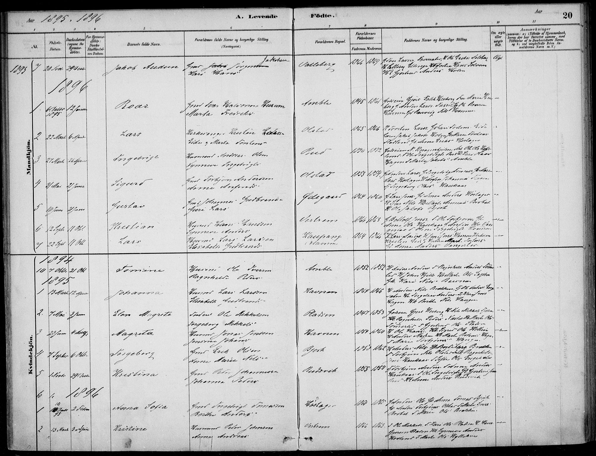 Sogndal sokneprestembete, SAB/A-81301/H/Haa/Haad/L0001: Parish register (official) no. D  1, 1878-1907, p. 20