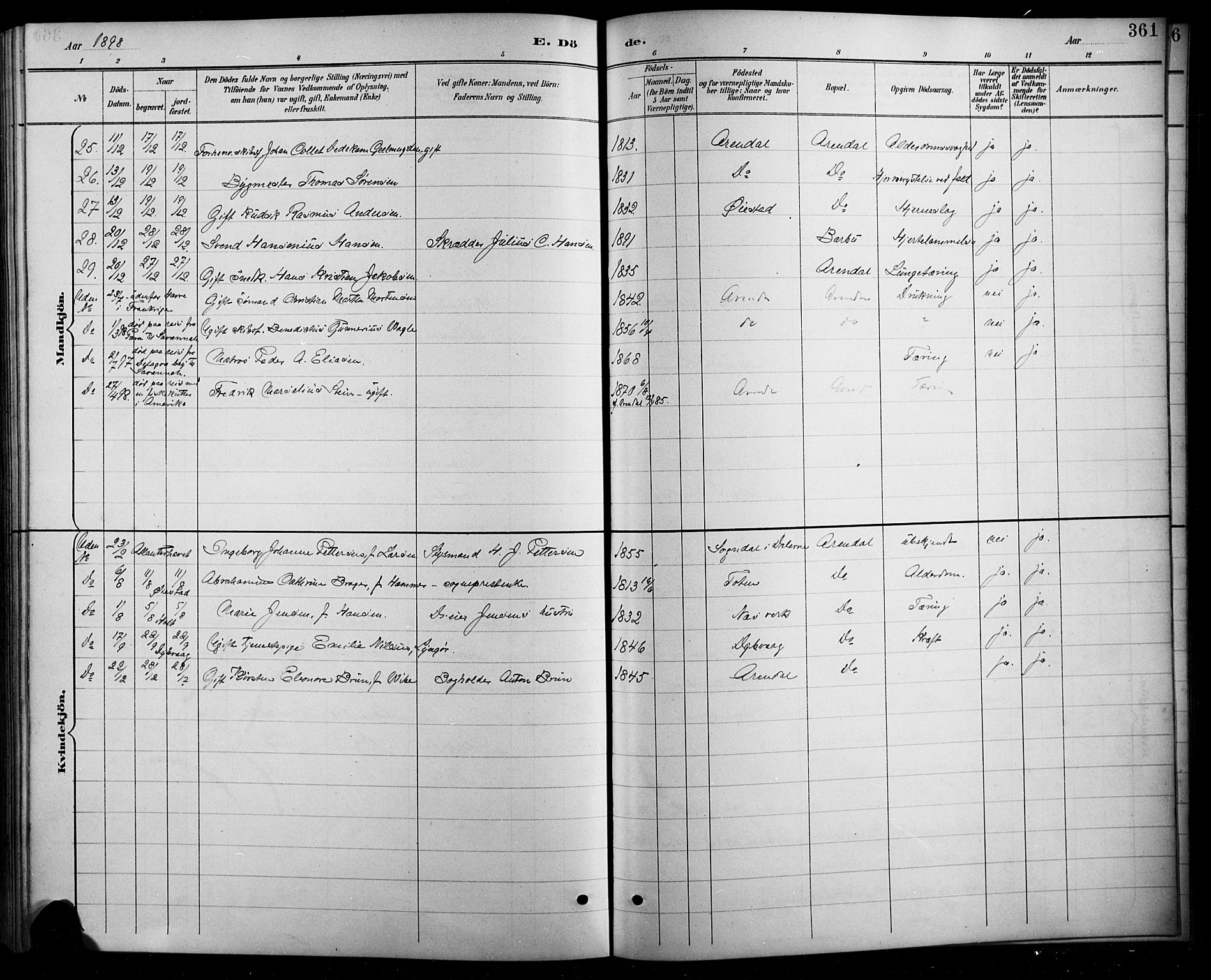 Arendal sokneprestkontor, Trefoldighet, SAK/1111-0040/F/Fb/L0006: Parish register (copy) no. B 6, 1889-1916, p. 361