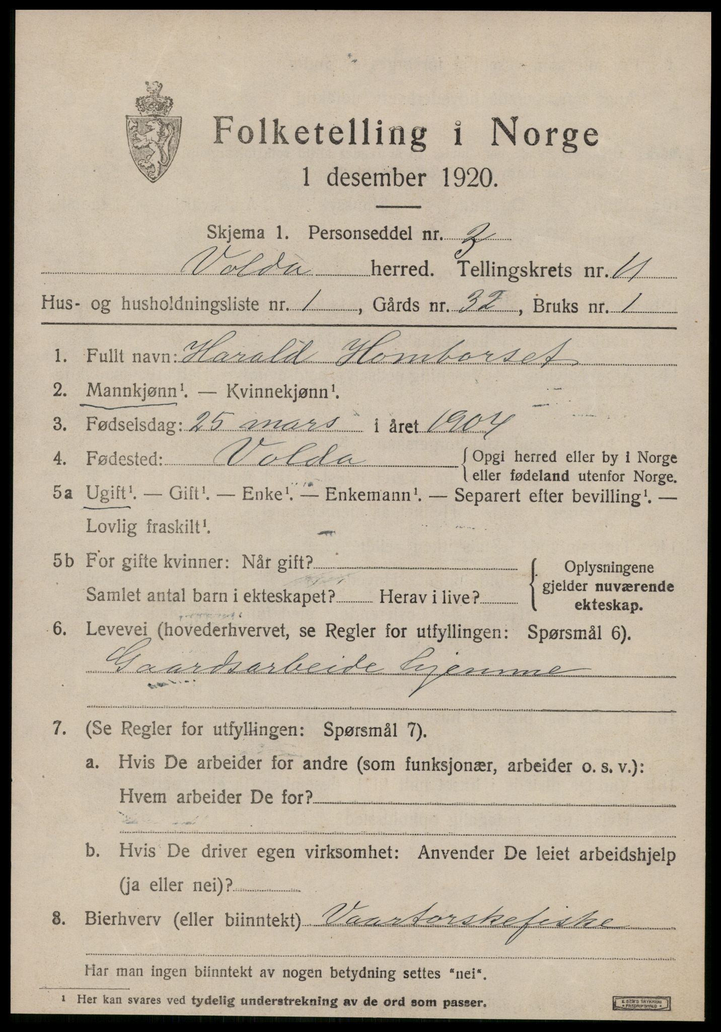 SAT, 1920 census for Volda, 1920, p. 7924