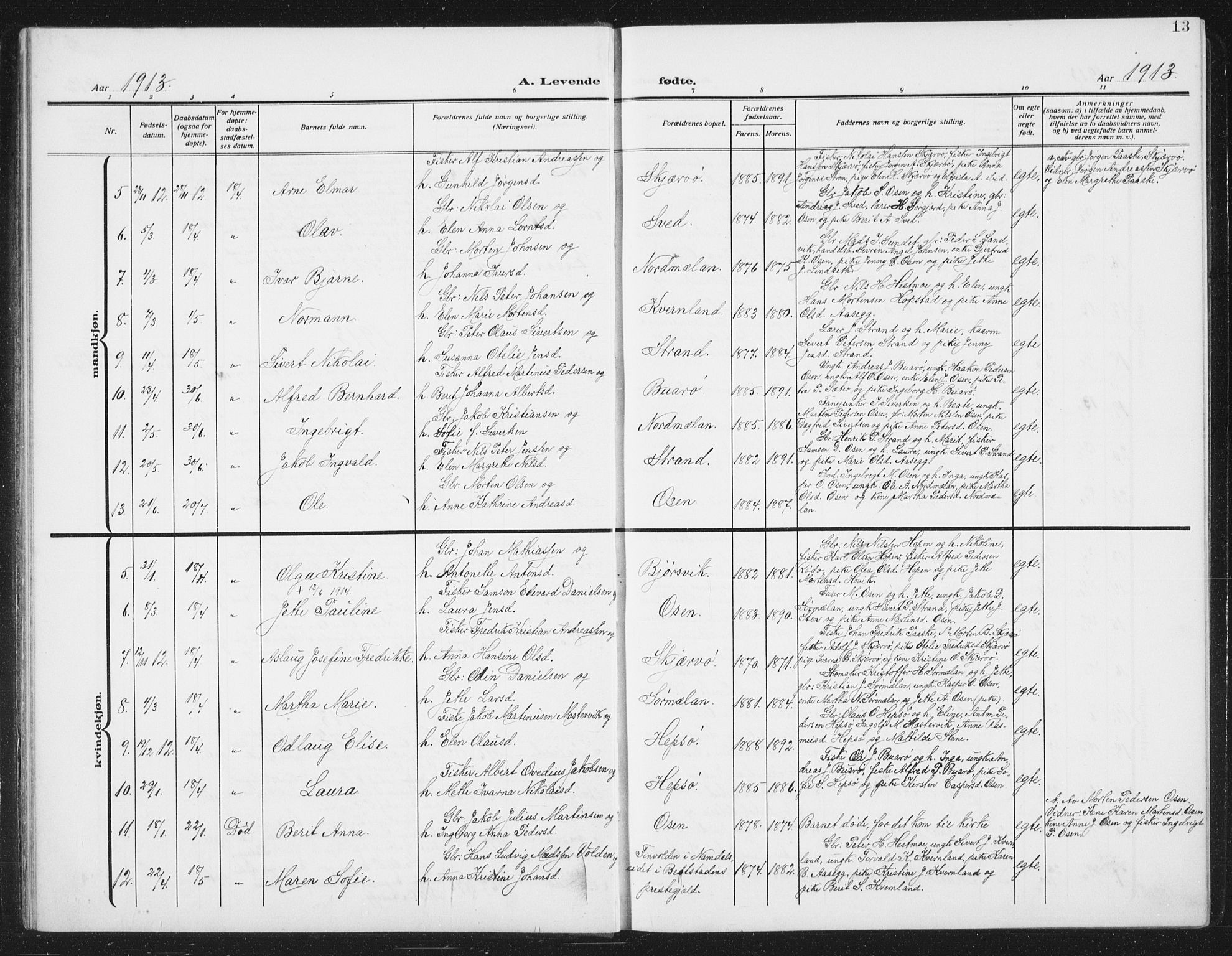 Ministerialprotokoller, klokkerbøker og fødselsregistre - Sør-Trøndelag, SAT/A-1456/658/L0727: Parish register (copy) no. 658C03, 1909-1935, p. 13