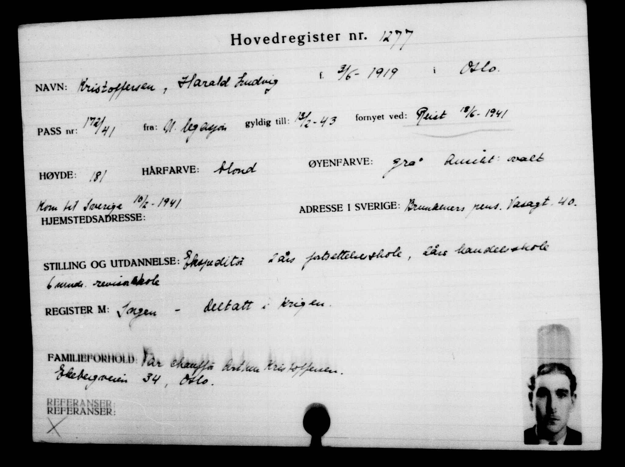 Utenriksstasjonene, Legasjonen i Stockholm, Flyktningkontoret, AV/RA-S-6753/V/Va/L0002: Kjesäterkartoteket, flyktninger med registreringsnr. 1001-2000, 1940-1945, p. 401