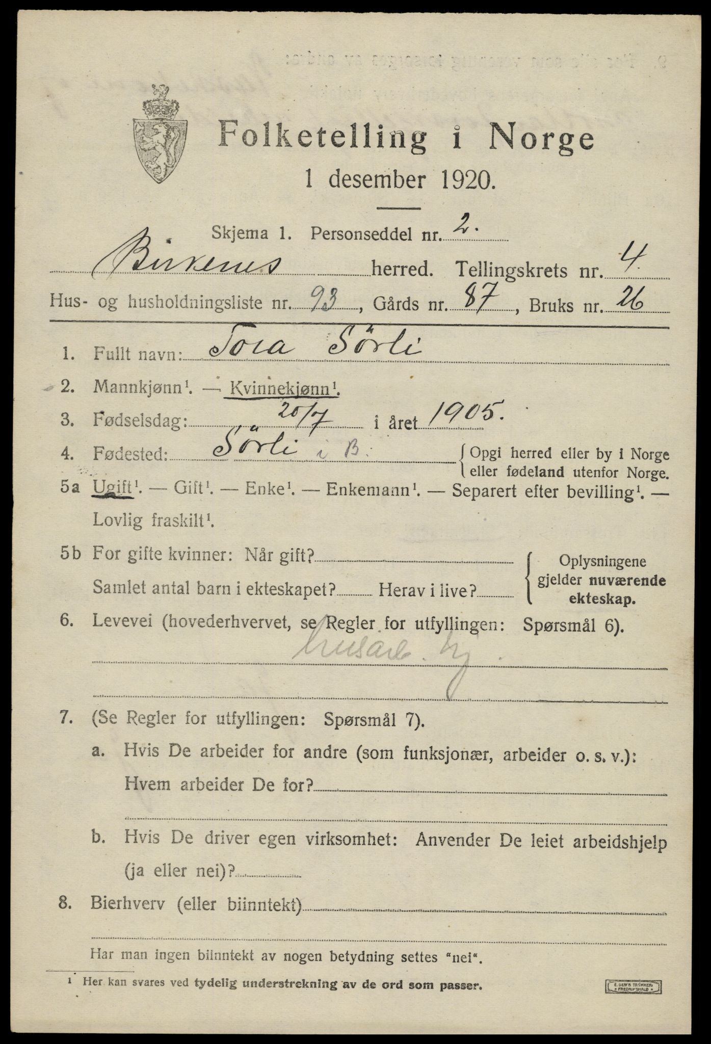 SAK, 1920 census for Birkenes, 1920, p. 3007