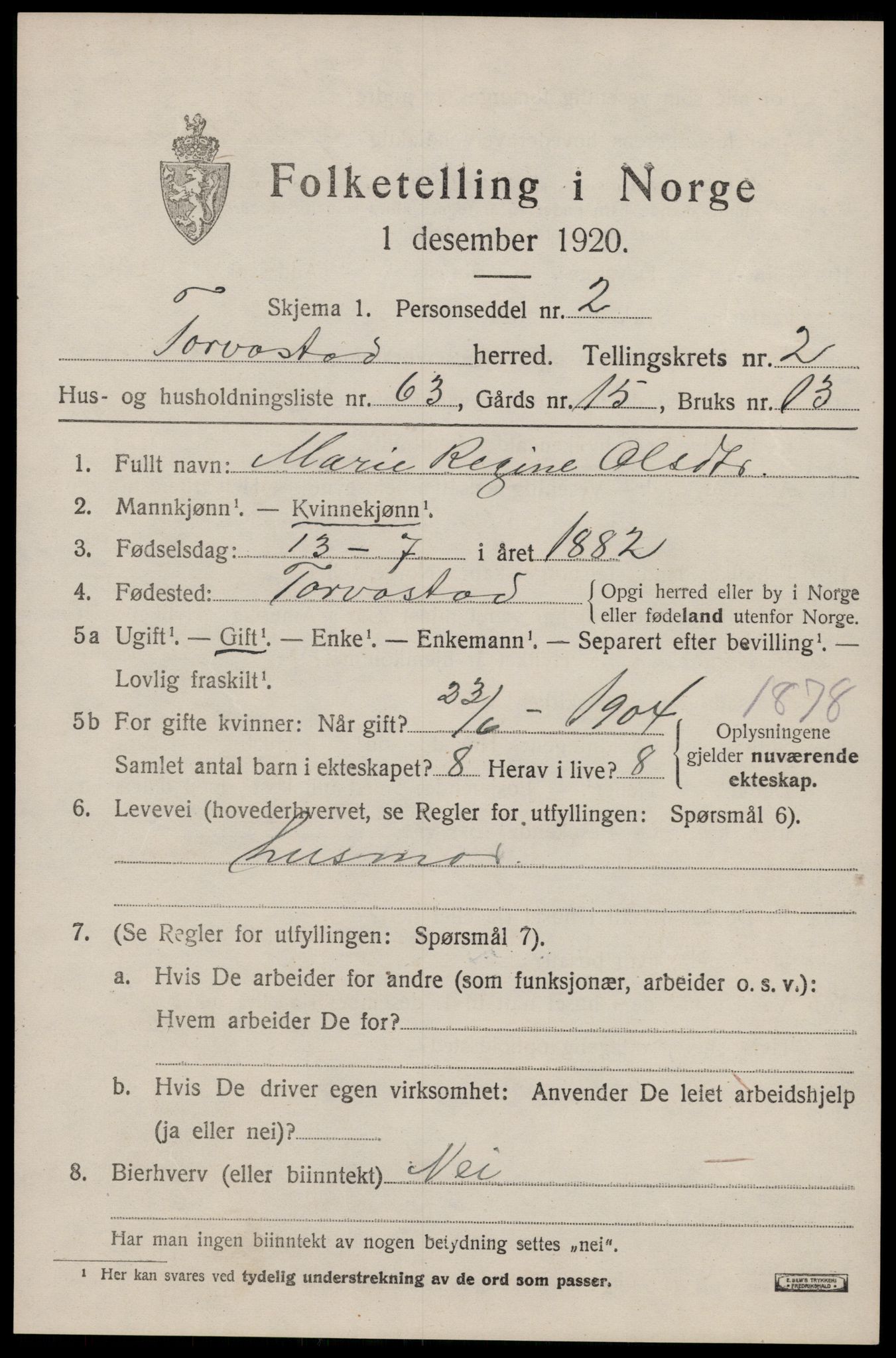 SAST, 1920 census for Torvastad, 1920, p. 2602