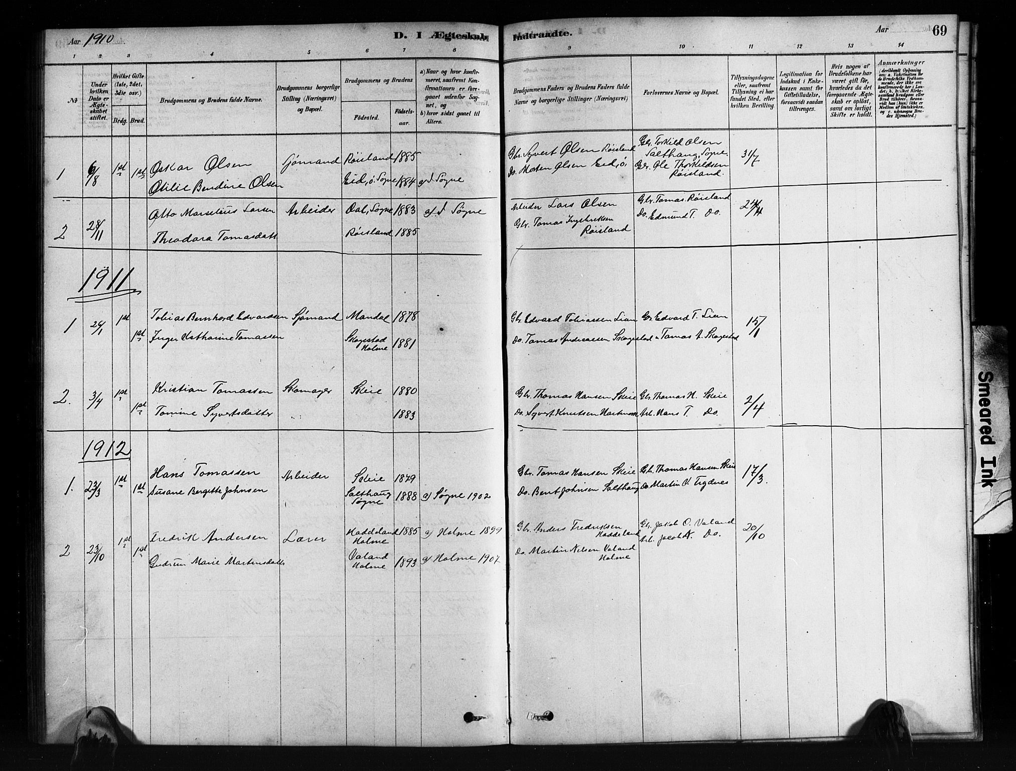 Mandal sokneprestkontor, SAK/1111-0030/F/Fb/Fbb/L0004: Parish register (copy) no. B 4, 1878-1913, p. 69