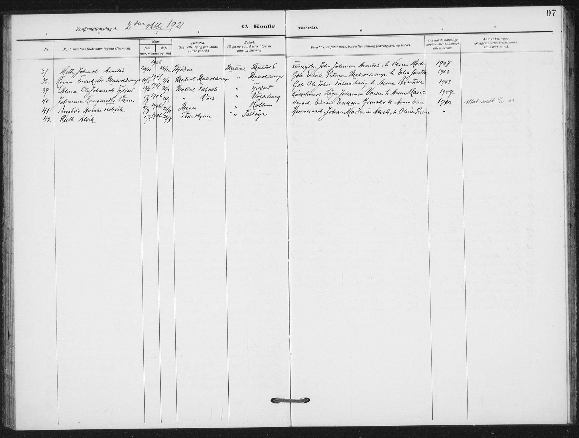 Ministerialprotokoller, klokkerbøker og fødselsregistre - Nord-Trøndelag, SAT/A-1458/712/L0102: Parish register (official) no. 712A03, 1916-1929, p. 97