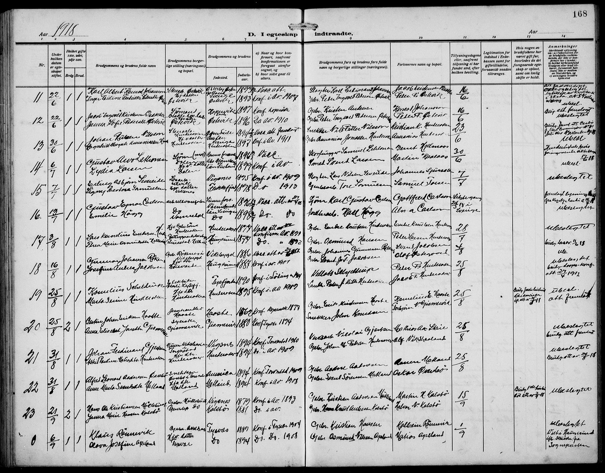 Avaldsnes sokneprestkontor, AV/SAST-A -101851/H/Ha/Hab/L0008: Parish register (copy) no. B 8, 1910-1939, p. 168