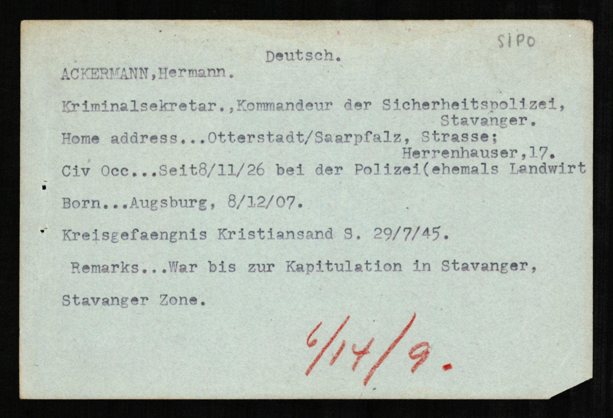 Forsvaret, Forsvarets overkommando II, AV/RA-RAFA-3915/D/Db/L0001: CI Questionaires. Tyske okkupasjonsstyrker i Norge. Tyskere., 1945-1946, p. 29