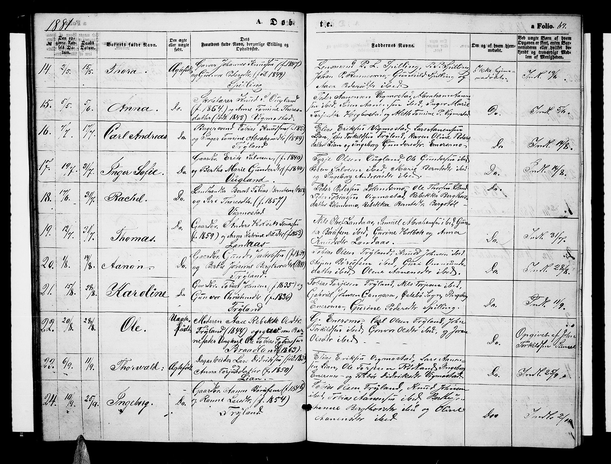 Nord-Audnedal sokneprestkontor, SAK/1111-0032/F/Fb/Fbb/L0002: Parish register (copy) no. B 2, 1859-1882, p. 67