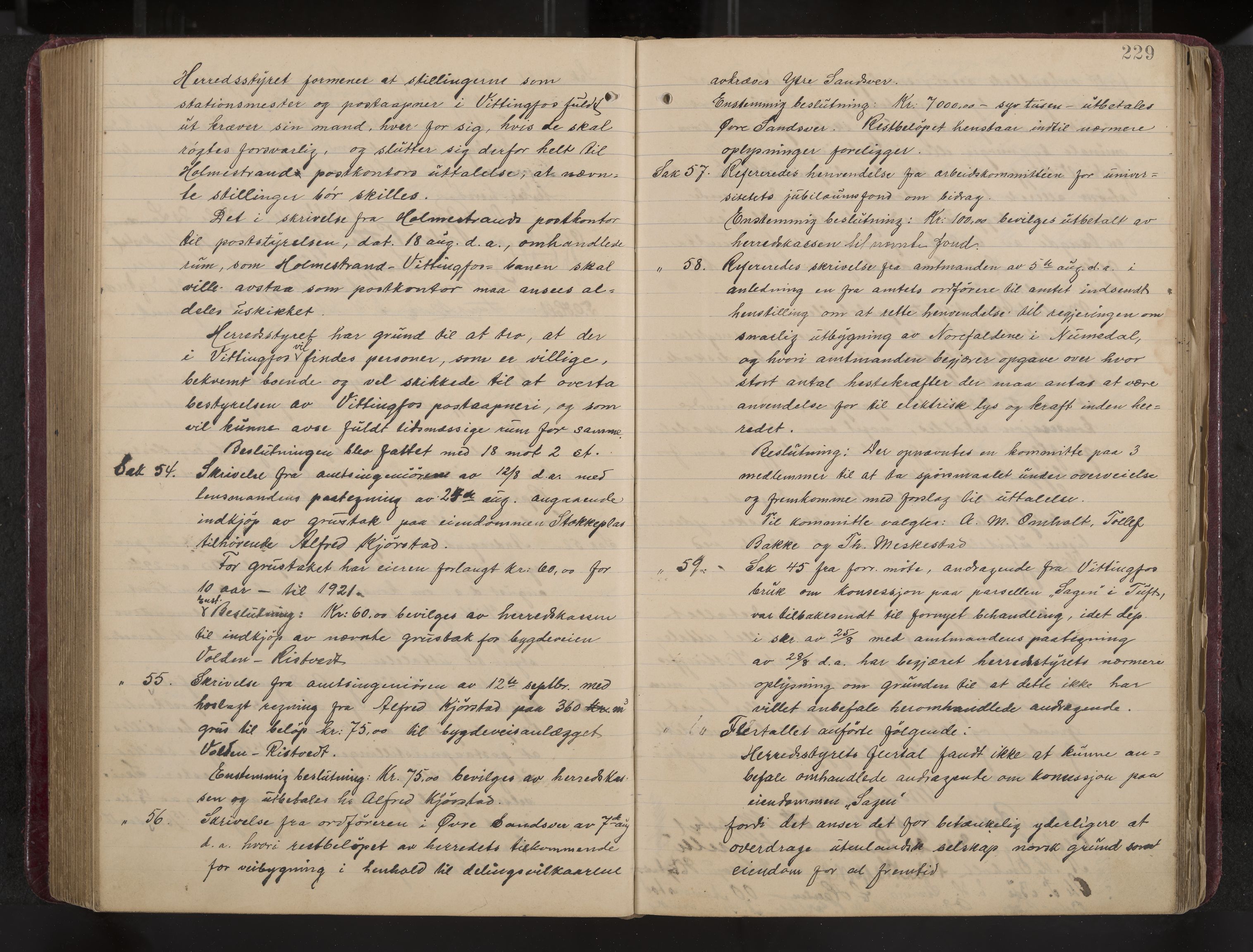 Ytre Sandsvær formannskap og sentraladministrasjon, IKAK/0629021/A/Aa/L0001: Møtebok med register, 1902-1919, p. 229