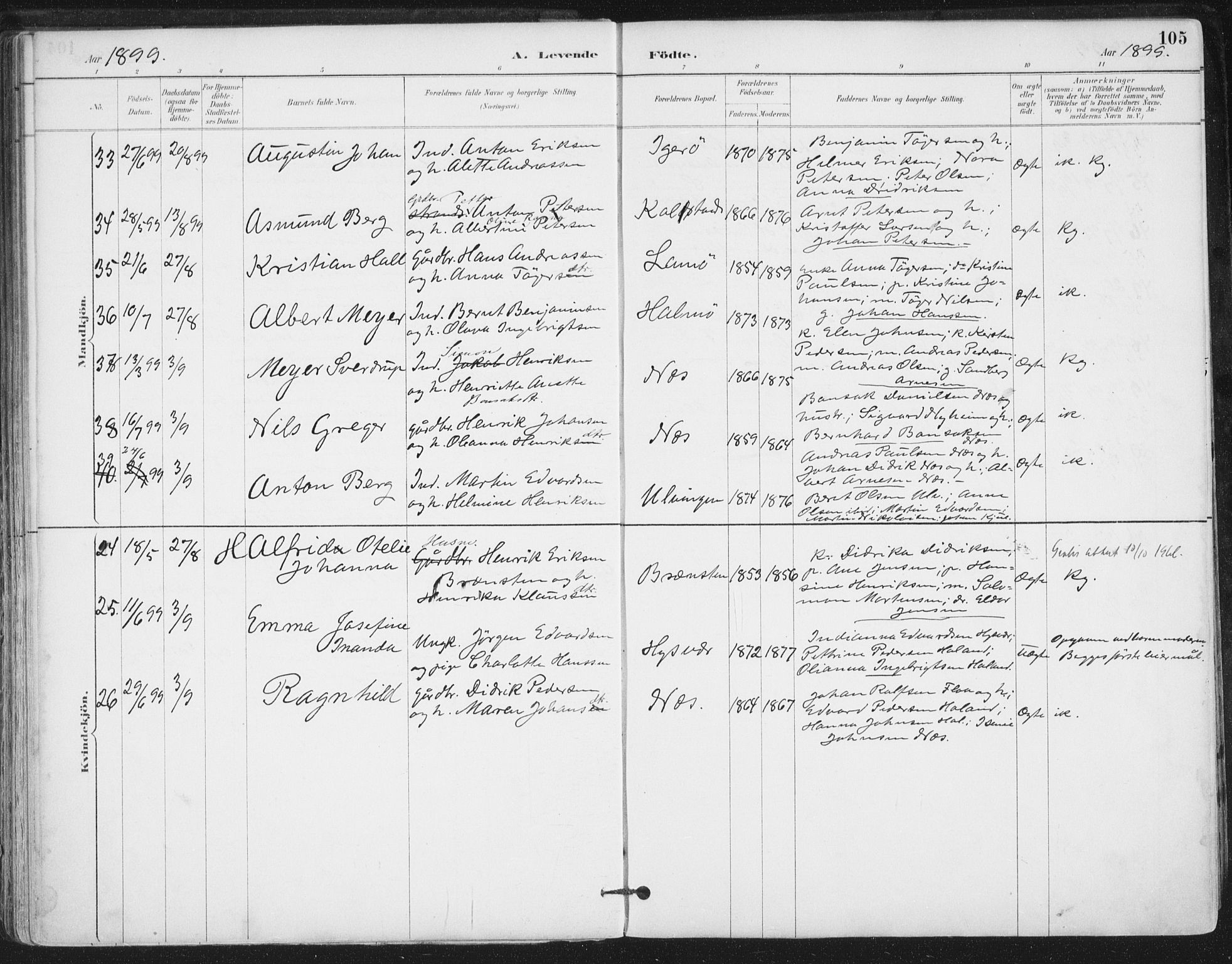 Ministerialprotokoller, klokkerbøker og fødselsregistre - Nordland, AV/SAT-A-1459/816/L0244: Parish register (official) no. 816A10, 1886-1903, p. 105