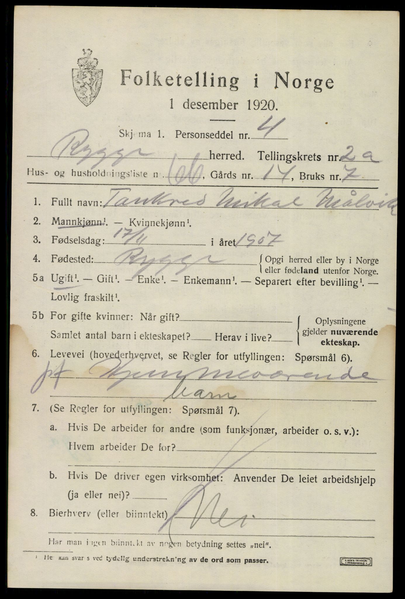 SAO, 1920 census for Rygge, 1920, p. 7601