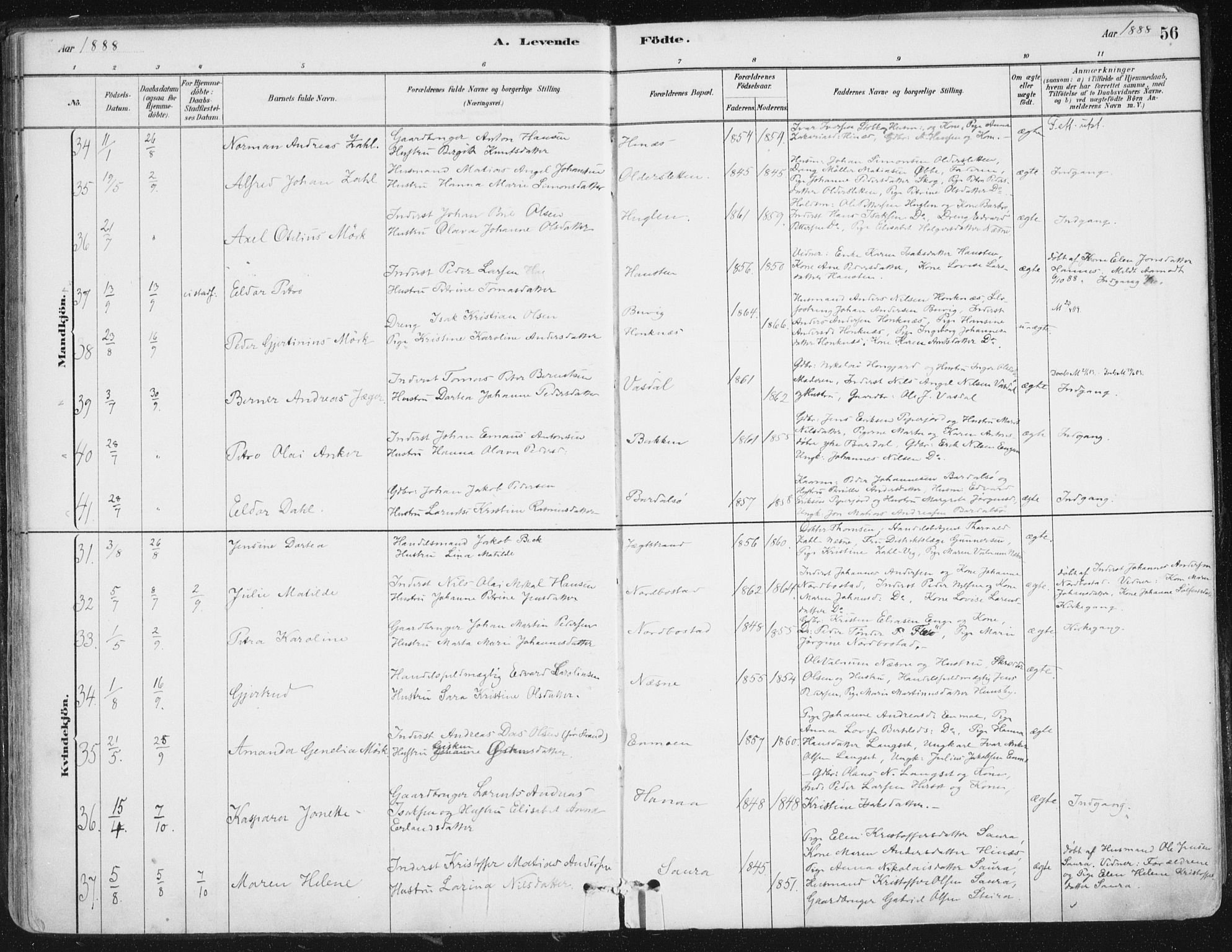 Ministerialprotokoller, klokkerbøker og fødselsregistre - Nordland, AV/SAT-A-1459/838/L0552: Parish register (official) no. 838A10, 1880-1910, p. 56