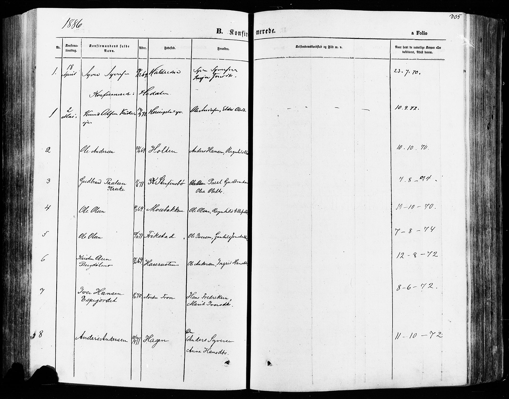 Vågå prestekontor, SAH/PREST-076/H/Ha/Haa/L0007: Parish register (official) no. 7 /1, 1872-1886, p. 305