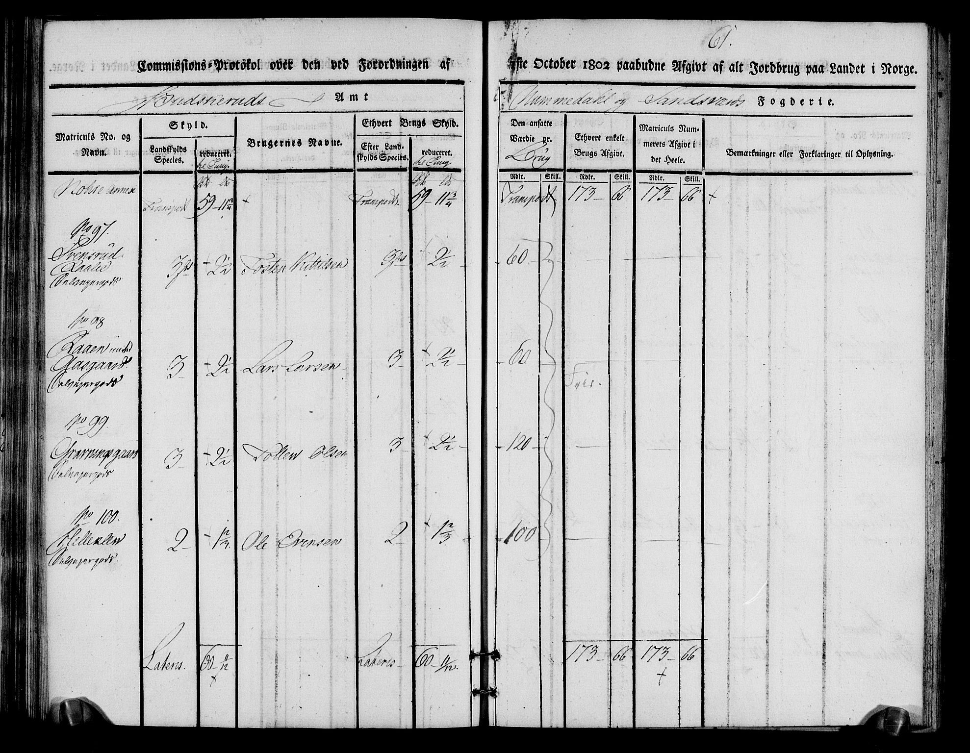 Rentekammeret inntil 1814, Realistisk ordnet avdeling, AV/RA-EA-4070/N/Ne/Nea/L0056b: Numedal og Sandsvær fogderi. Kommisjonsprotokoll over matrikulerte jordbruk i Uvdal og Nore annekser, 1803, p. 61