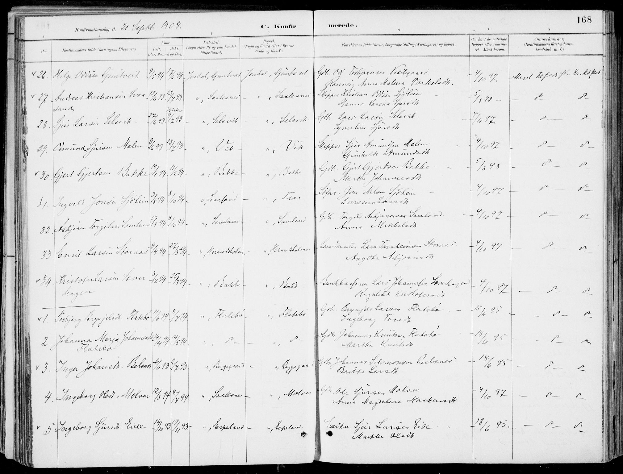 Strandebarm sokneprestembete, AV/SAB-A-78401/H/Haa: Parish register (official) no. E  1, 1886-1908, p. 168