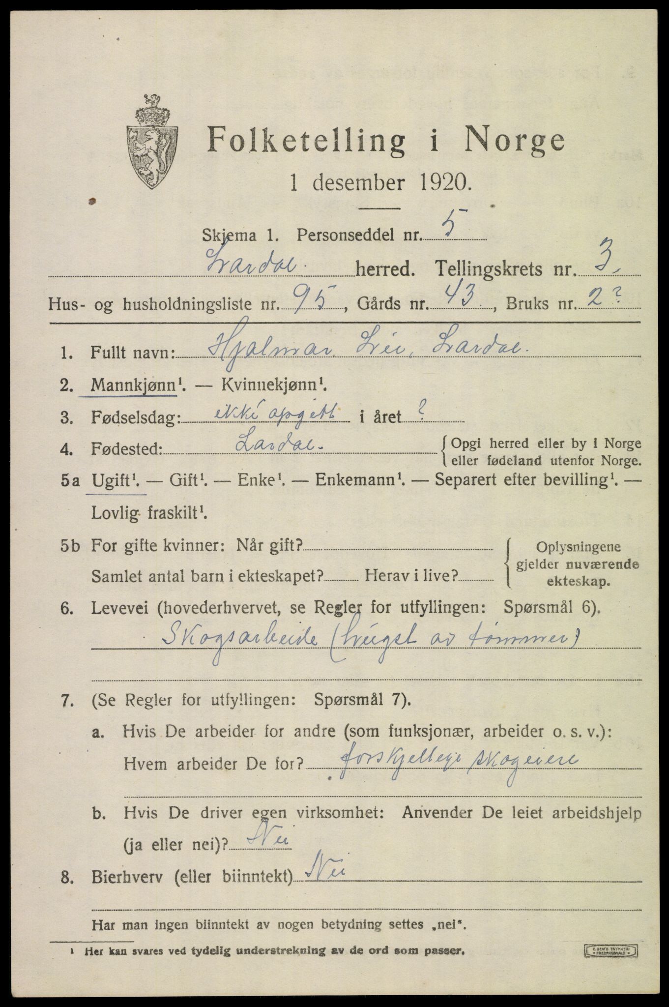 SAKO, 1920 census for Lardal, 1920, p. 3527