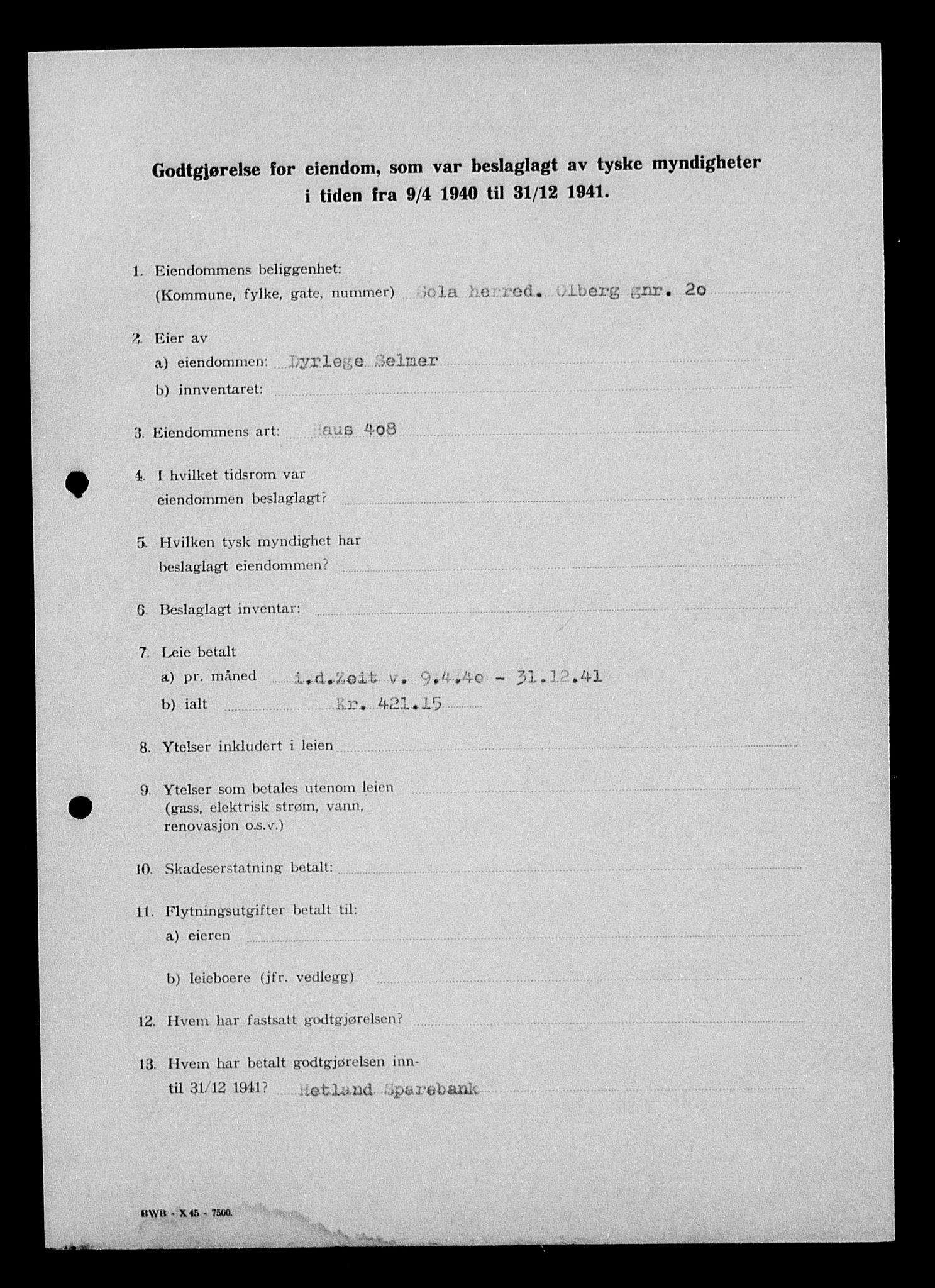 Justisdepartementet, Tilbakeføringskontoret for inndratte formuer, AV/RA-S-1564/I/L1015: Godtgjørelse for beslaglagt eiendom, 1940-1941, p. 155
