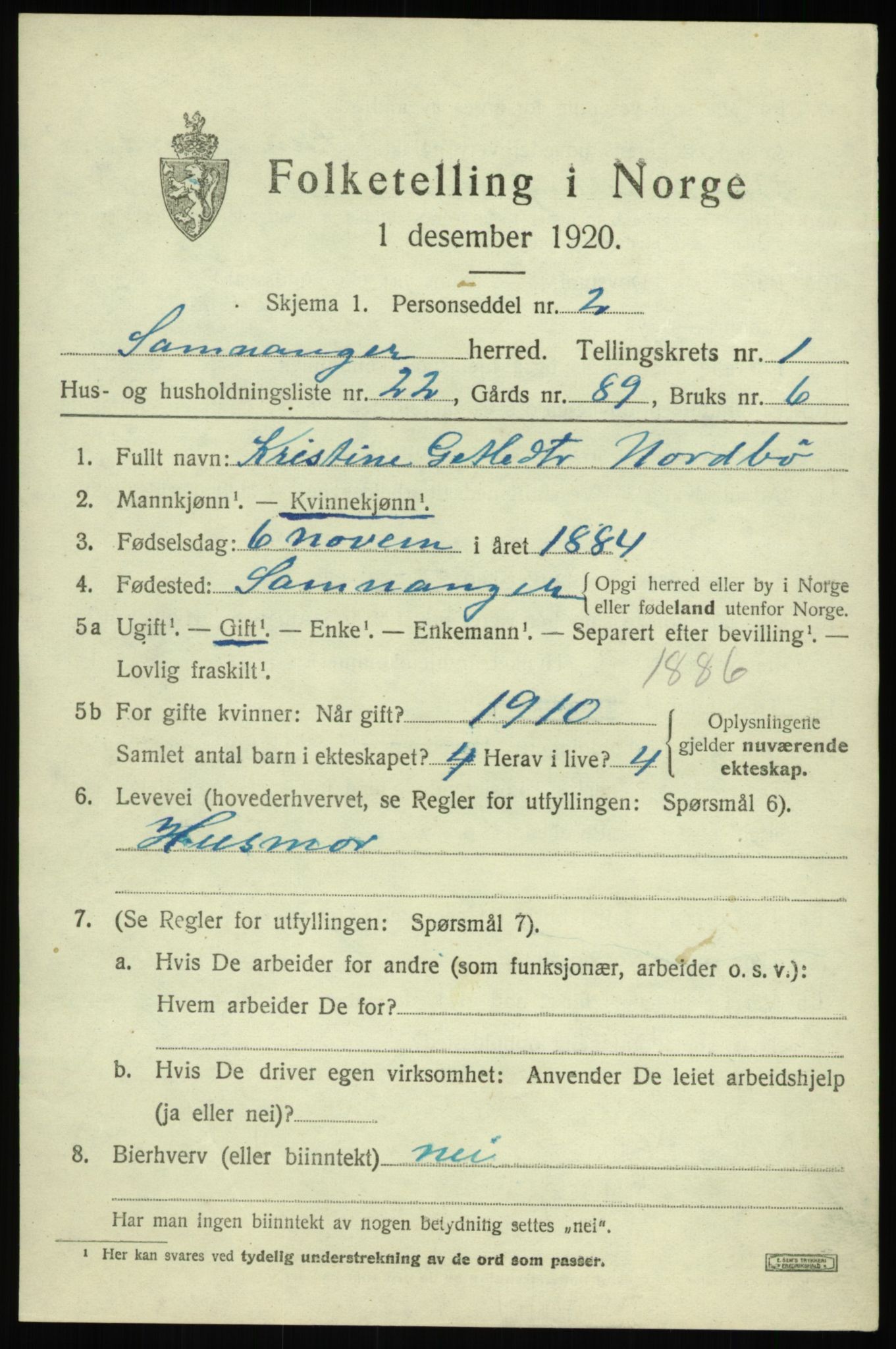 SAB, 1920 census for Samnanger, 1920, p. 1097