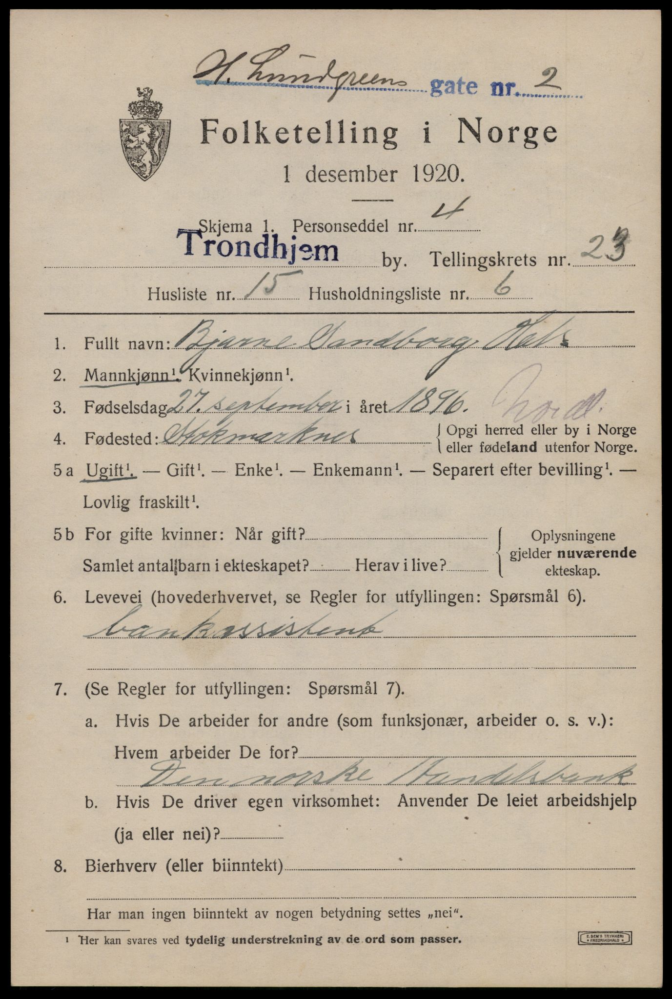 SAT, 1920 census for Trondheim, 1920, p. 64568