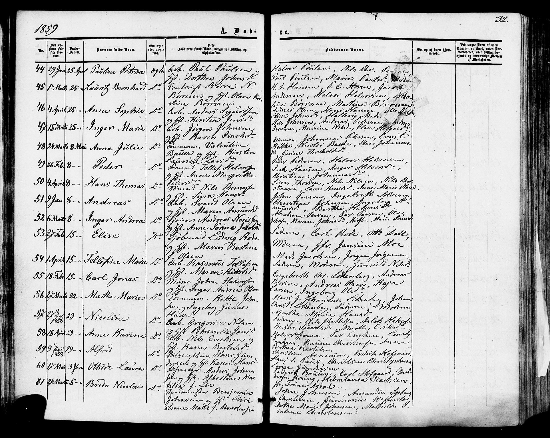 Skien kirkebøker, AV/SAKO-A-302/F/Fa/L0007: Parish register (official) no. 7, 1856-1865, p. 32