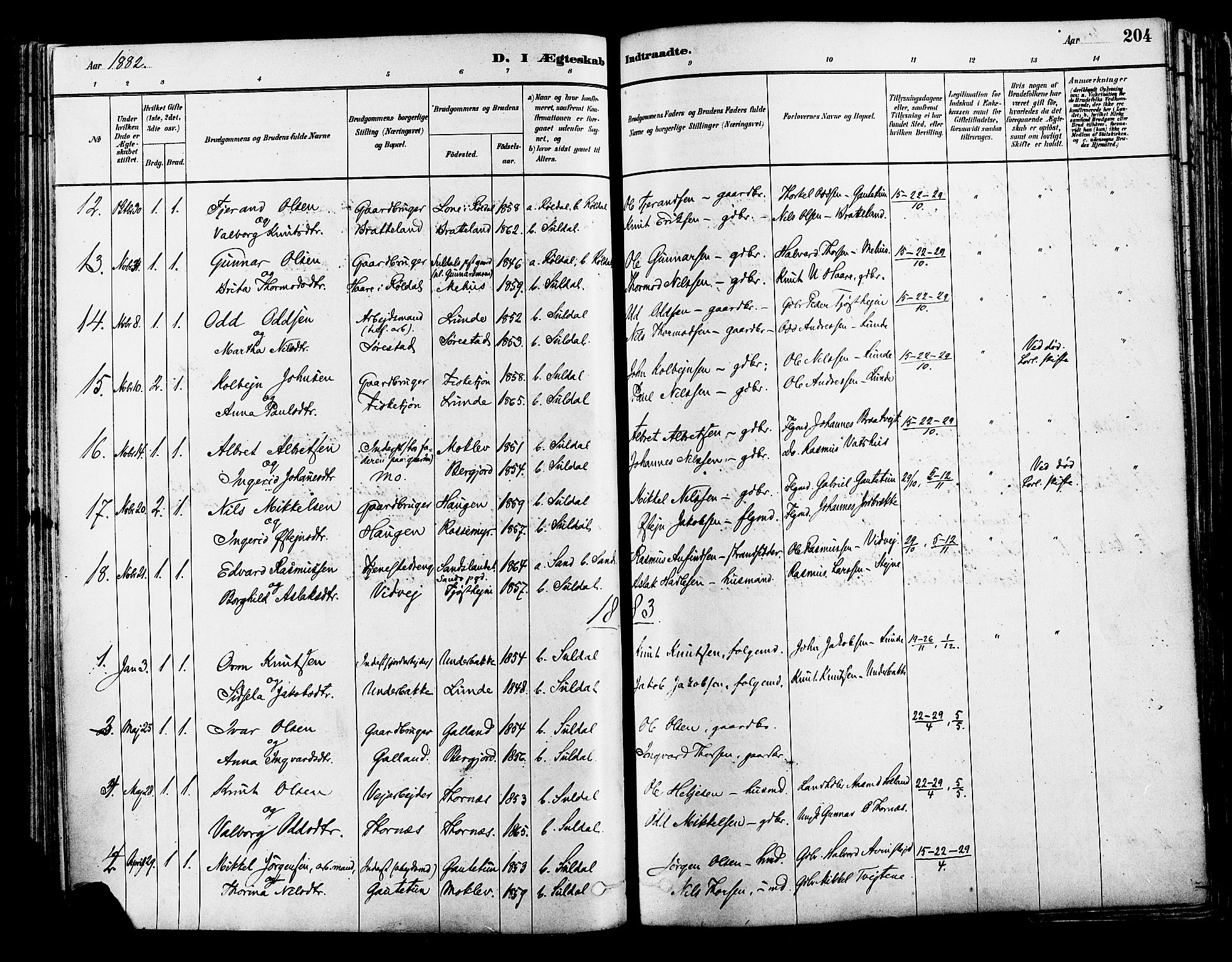 Suldal sokneprestkontor, AV/SAST-A-101845/01/IV/L0011: Parish register (official) no. A 11, 1878-1900, p. 204