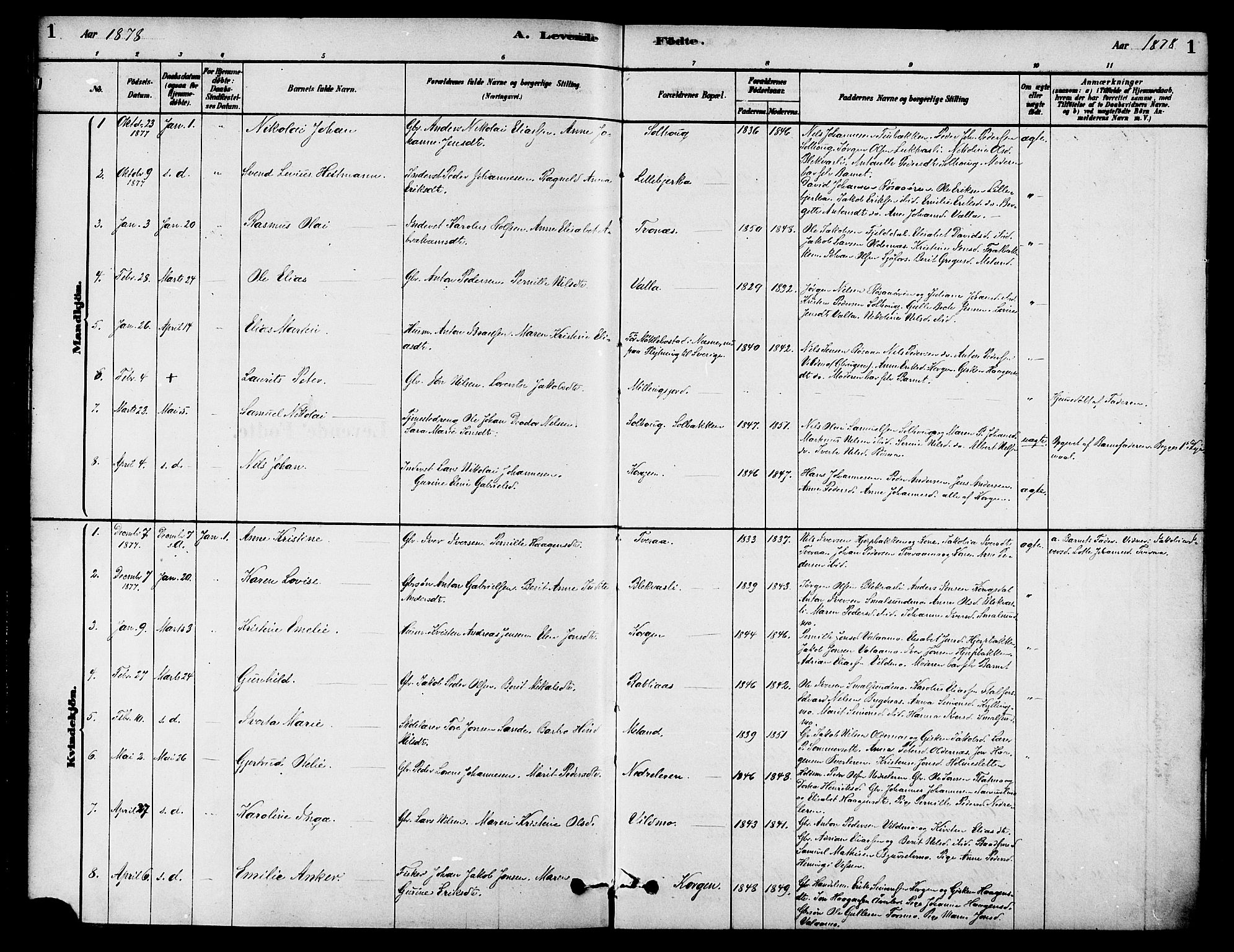 Ministerialprotokoller, klokkerbøker og fødselsregistre - Nordland, AV/SAT-A-1459/826/L0379: Parish register (official) no. 826A02, 1878-1895, p. 1