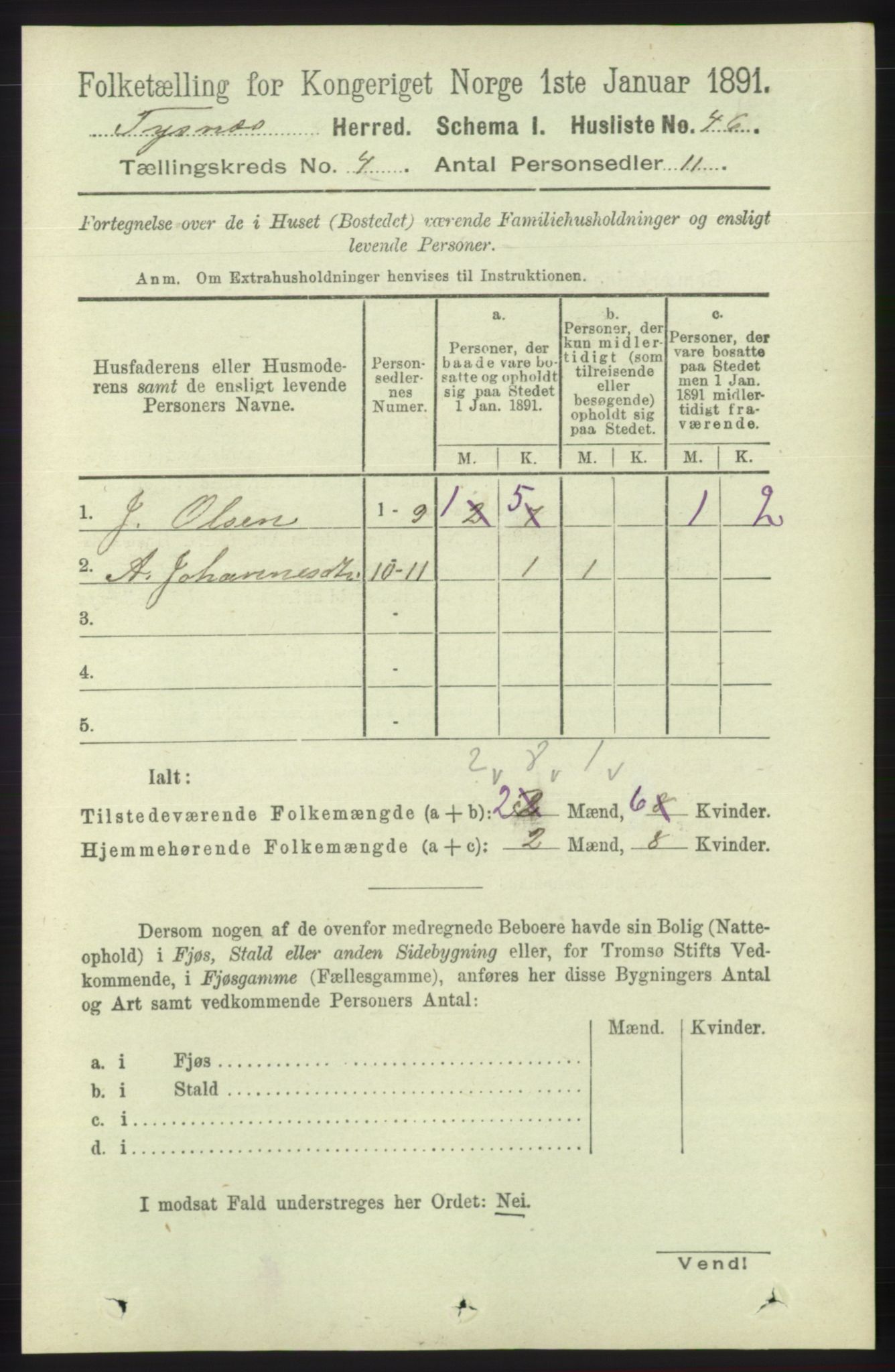 RA, 1891 census for 1223 Tysnes, 1891, p. 1525