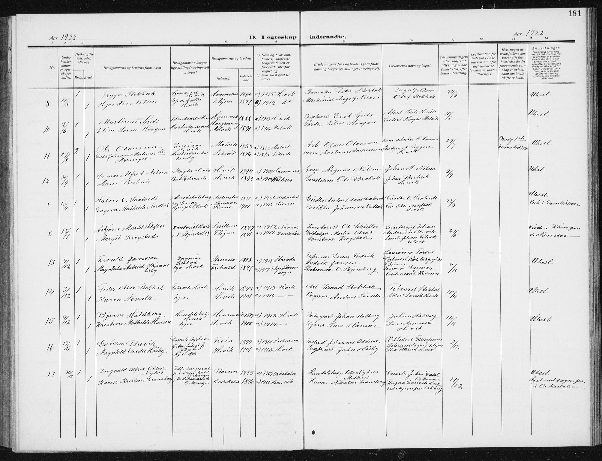 Ministerialprotokoller, klokkerbøker og fødselsregistre - Sør-Trøndelag, SAT/A-1456/617/L0431: Parish register (copy) no. 617C02, 1910-1936, p. 181