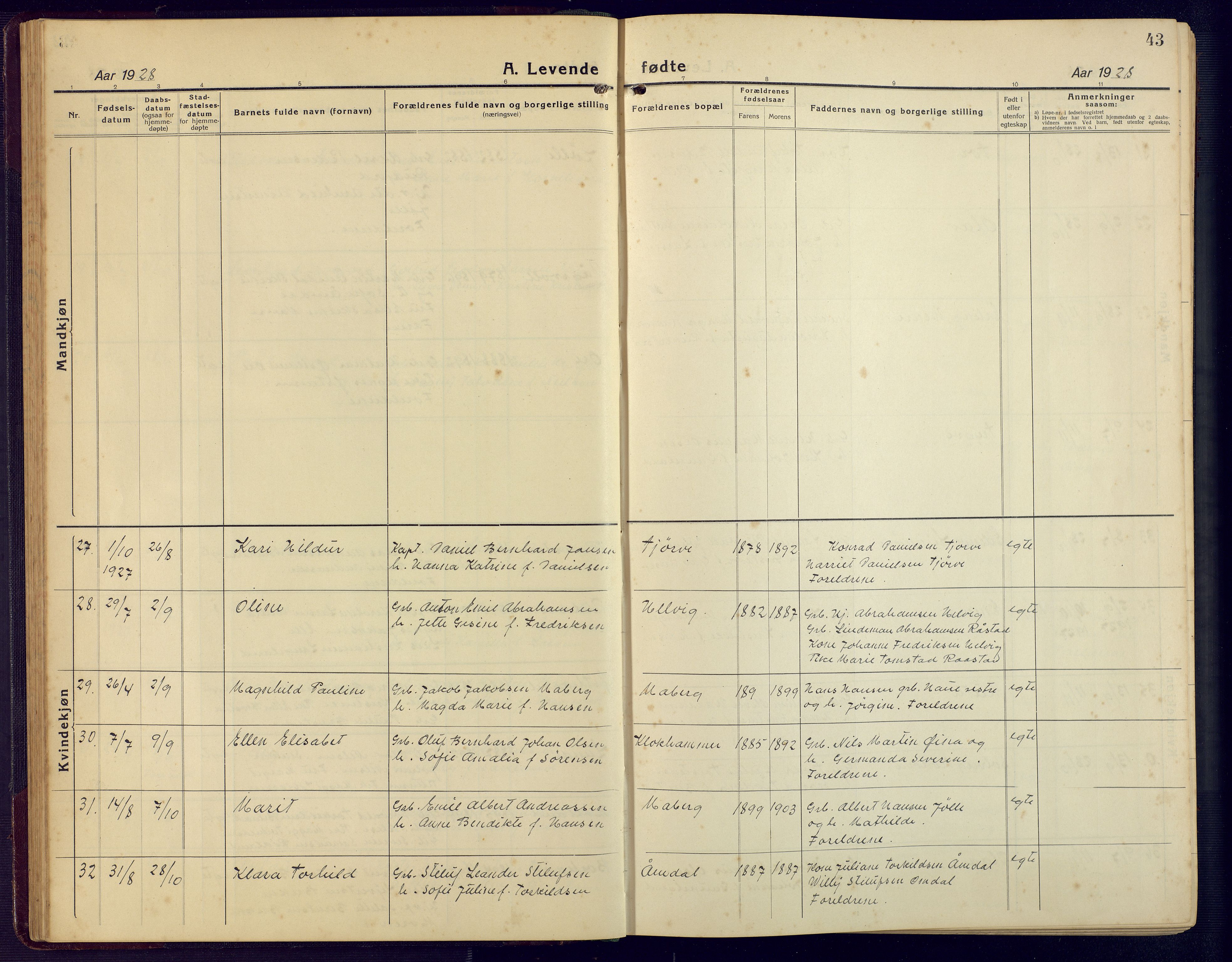 Lista sokneprestkontor, AV/SAK-1111-0027/F/Fb/L0006: Parish register (copy) no. B 6, 1924-1947, p. 43