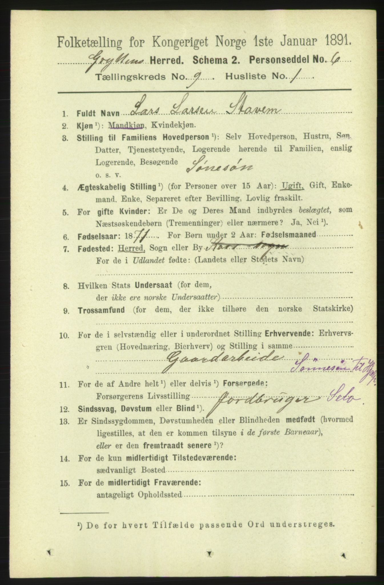 RA, 1891 census for 1539 Grytten, 1891, p. 3367