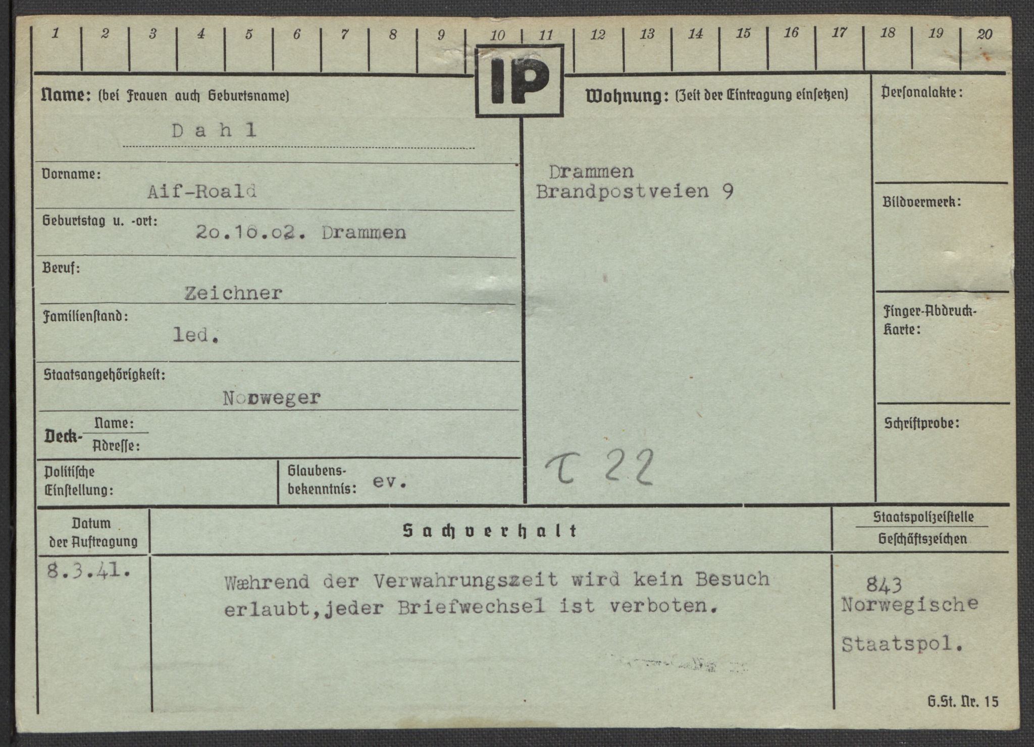 Befehlshaber der Sicherheitspolizei und des SD, AV/RA-RAFA-5969/E/Ea/Eaa/L0002: Register over norske fanger i Møllergata 19: Bj-Eng, 1940-1945, p. 853