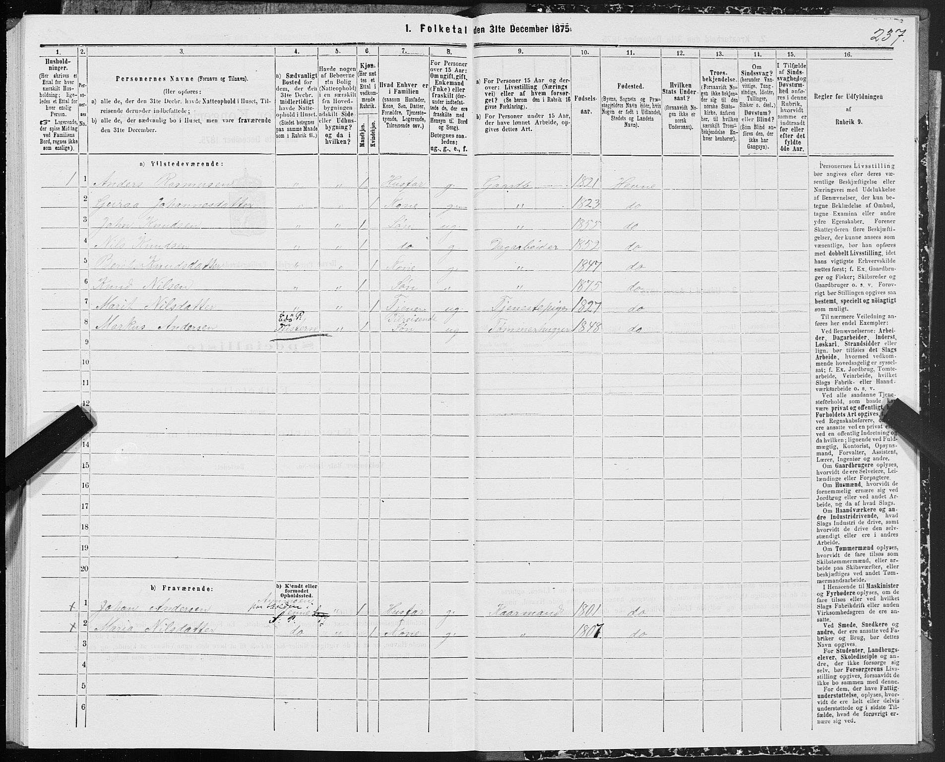 SAT, 1875 census for 1612P Hemne, 1875, p. 1237