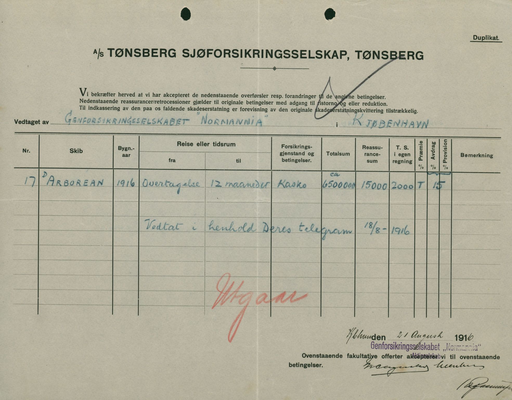 Pa 664 - Tønsberg Sjøforsikringsselskap, VEMU/A-1773/F/L0001: Forsikringspoliser, 1915-1918