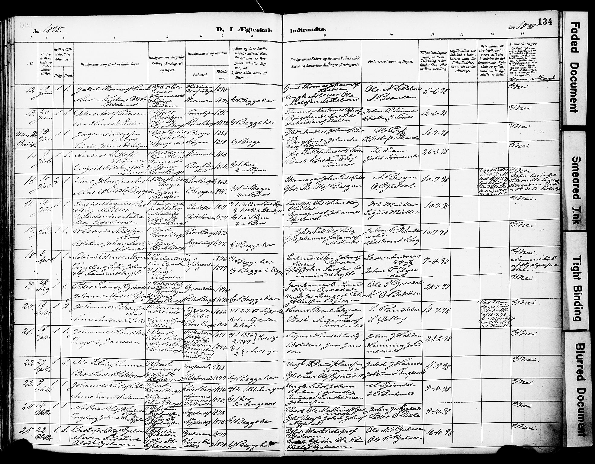Ministerialprotokoller, klokkerbøker og fødselsregistre - Sør-Trøndelag, SAT/A-1456/681/L0935: Parish register (official) no. 681A13, 1890-1898, p. 134