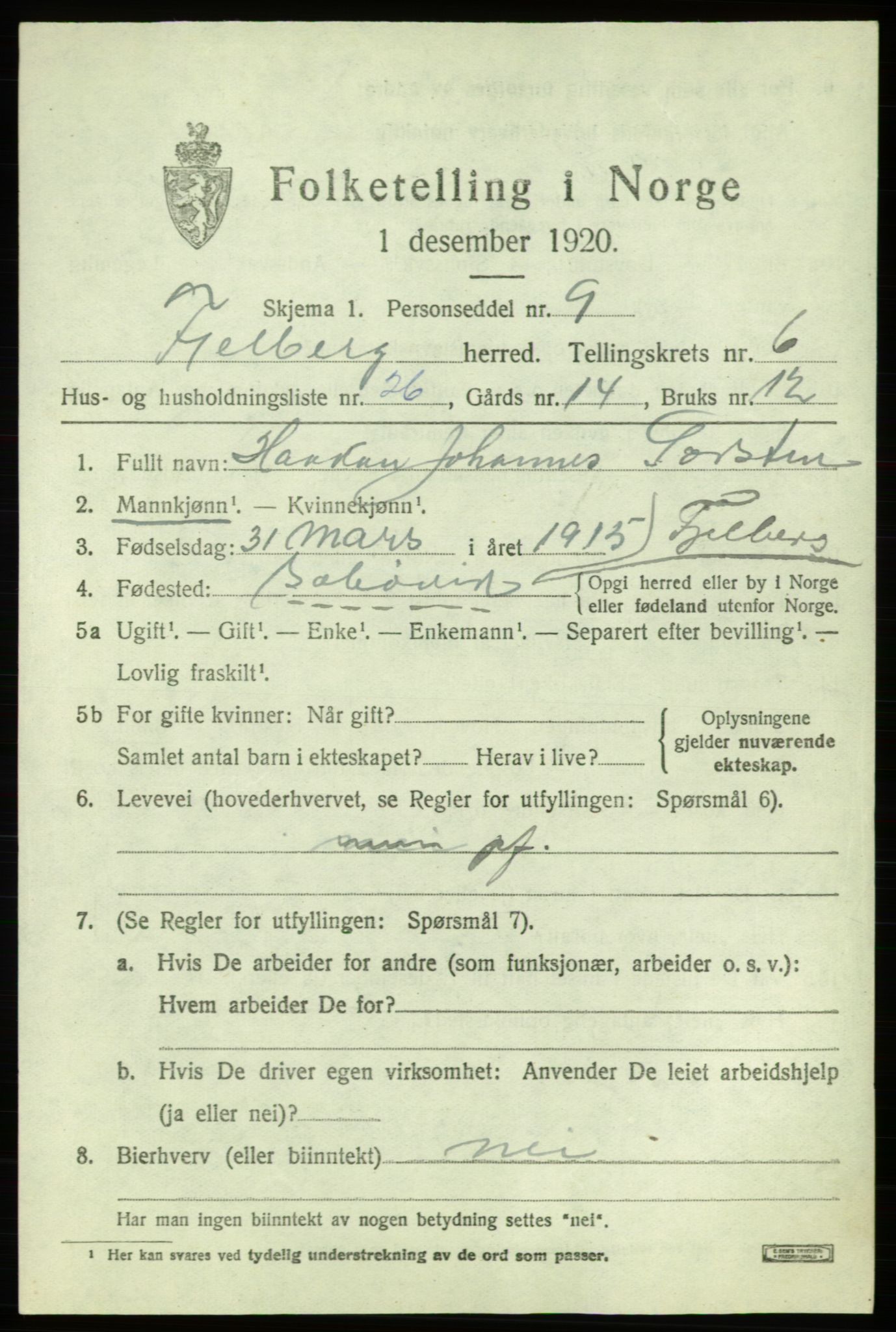 SAB, 1920 census for Fjelberg, 1920, p. 2535