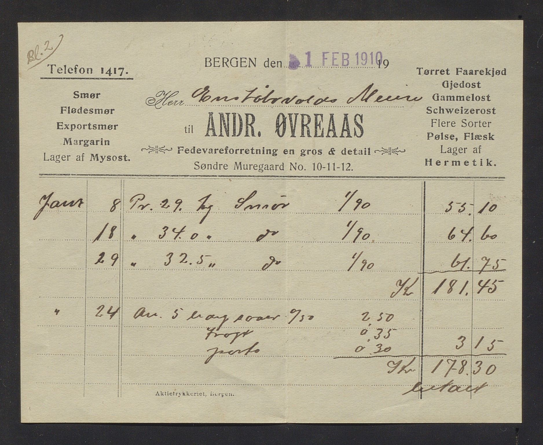 Einstabøvoll meieri, IKAH/1216-Pa0012/R/Ra/L0003/0001: Bilag og ymse skriv til rekneskapet / Bilag til rekneskaoet, 1910