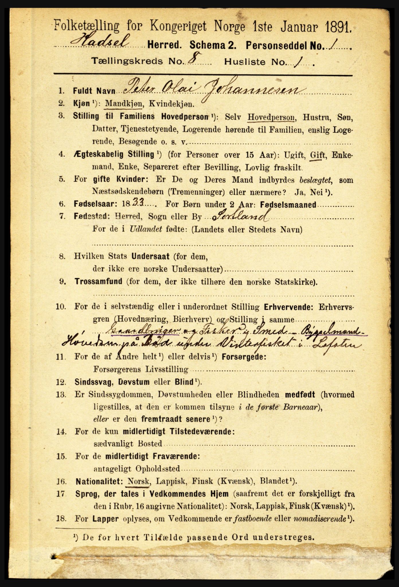 RA, 1891 census for 1866 Hadsel, 1891, p. 3577