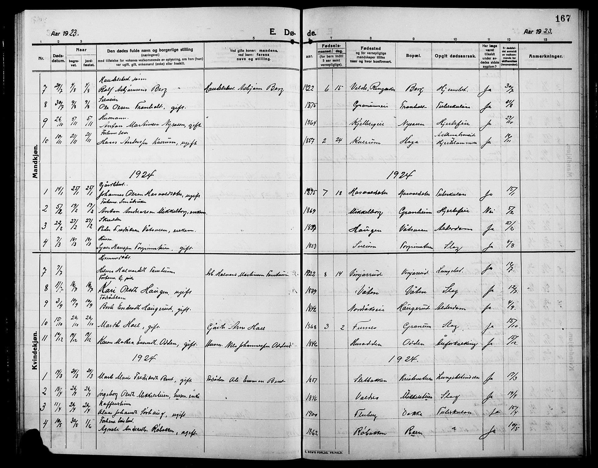 Søndre Land prestekontor, SAH/PREST-122/L/L0006: Parish register (copy) no. 6, 1912-1925, p. 167