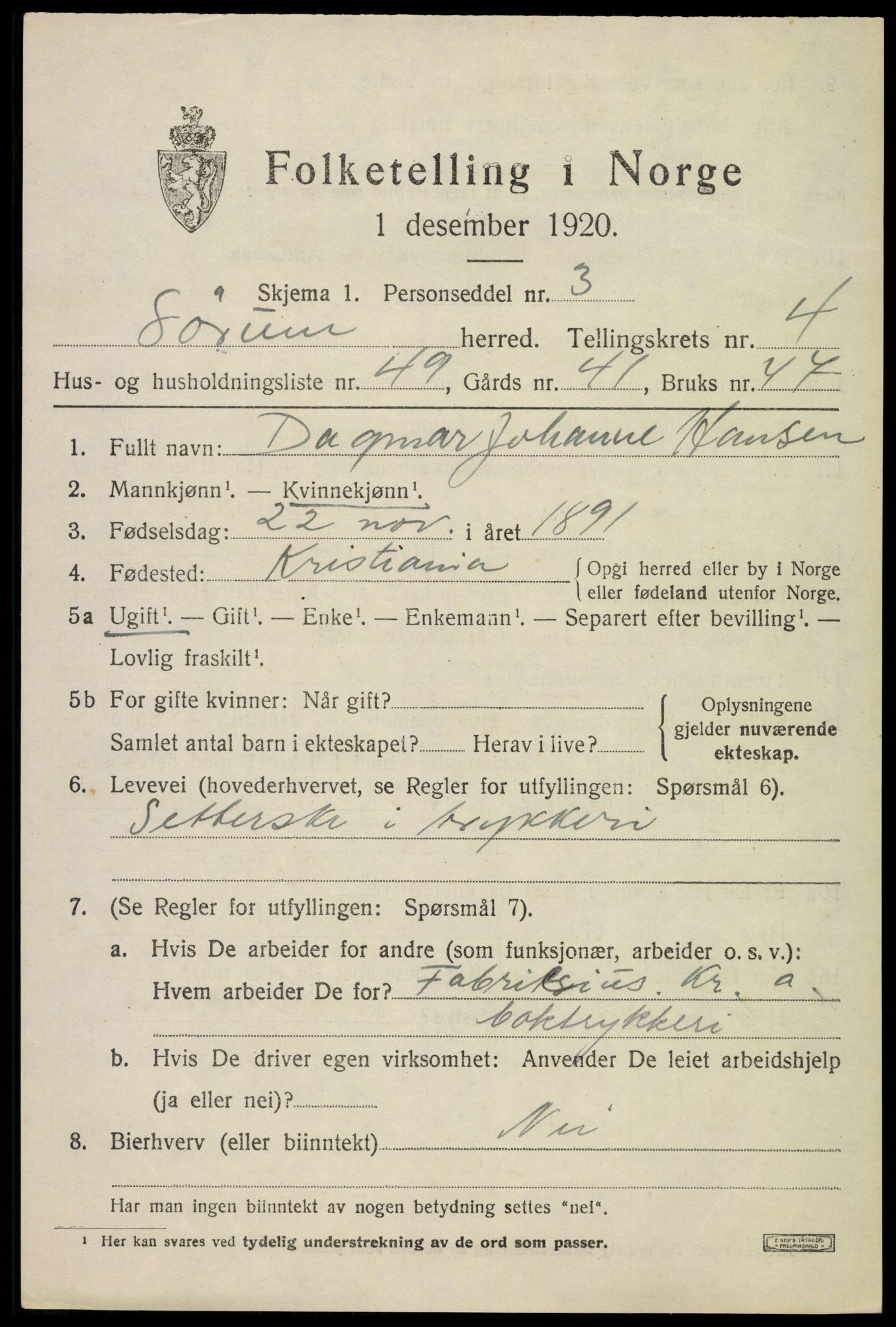 SAO, 1920 census for Sørum, 1920, p. 4009