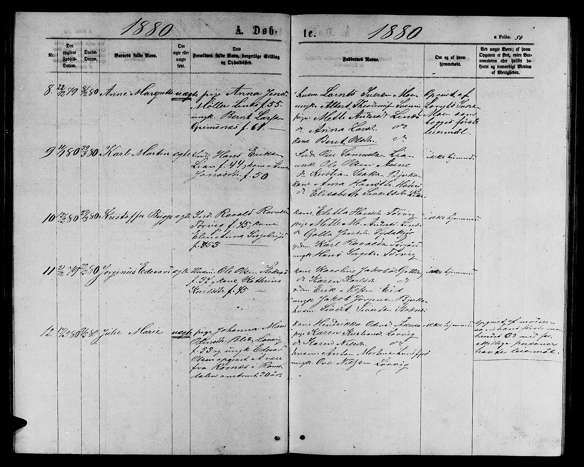 Ministerialprotokoller, klokkerbøker og fødselsregistre - Sør-Trøndelag, SAT/A-1456/656/L0695: Parish register (copy) no. 656C01, 1867-1889, p. 50