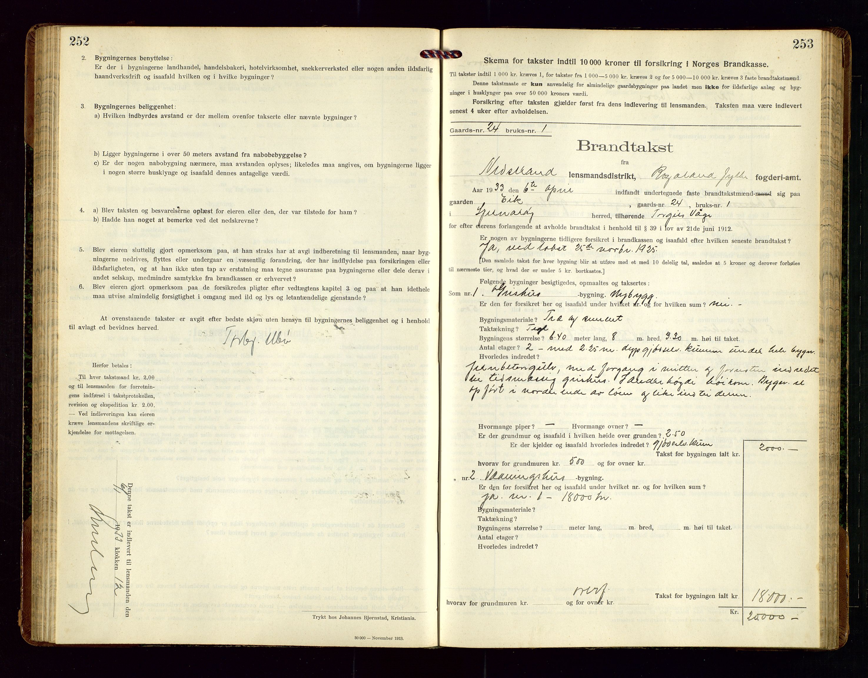 Nedstrand lensmannskontor, SAST/A-100236/Gob/L0002: "Brandtakstprotokol for Nerstrand lensmandsdistrikt Rogaland Fylke", 1916-1949, p. 252-253