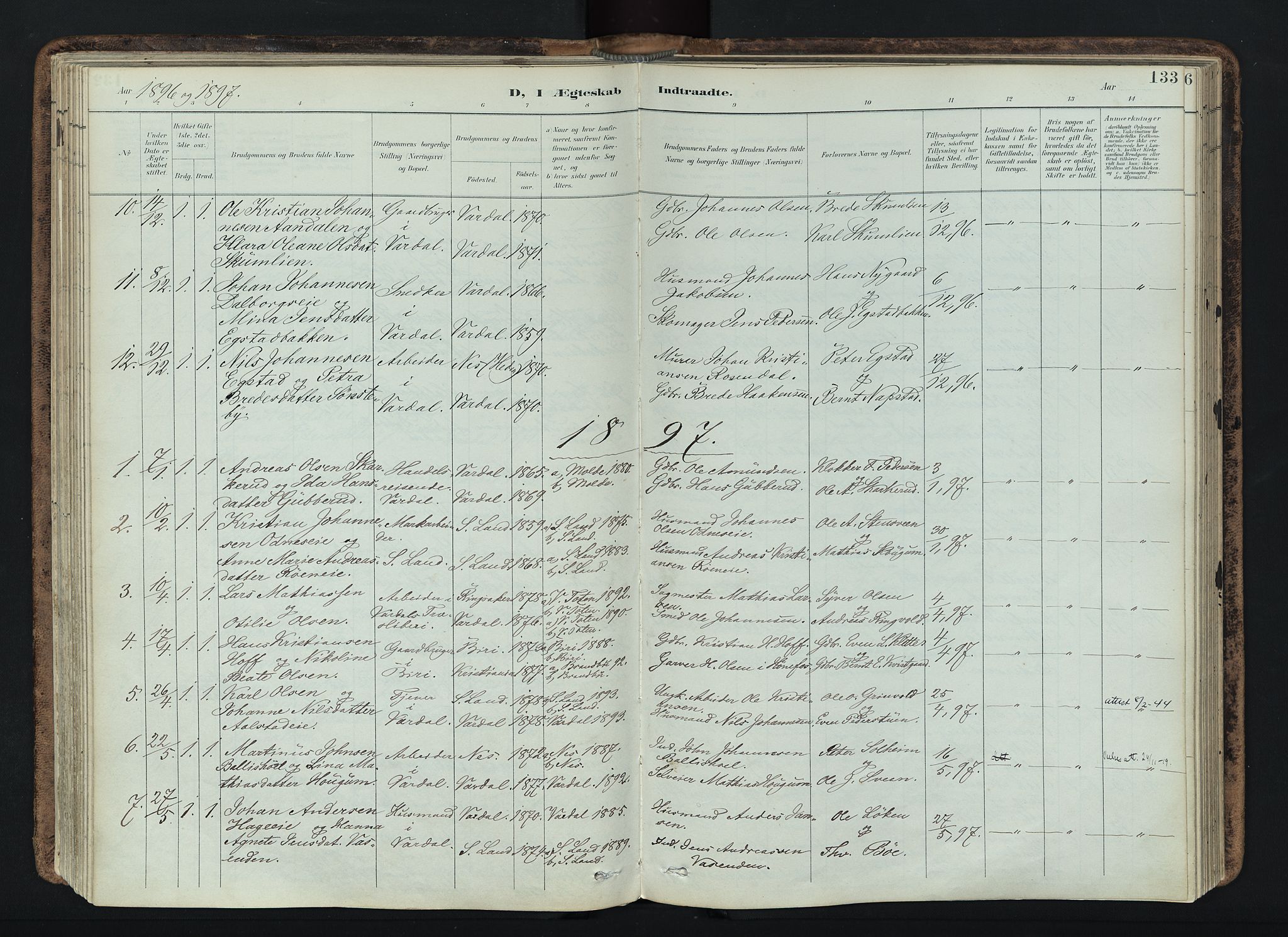 Vardal prestekontor, SAH/PREST-100/H/Ha/Haa/L0019: Parish register (official) no. 19, 1893-1907, p. 133