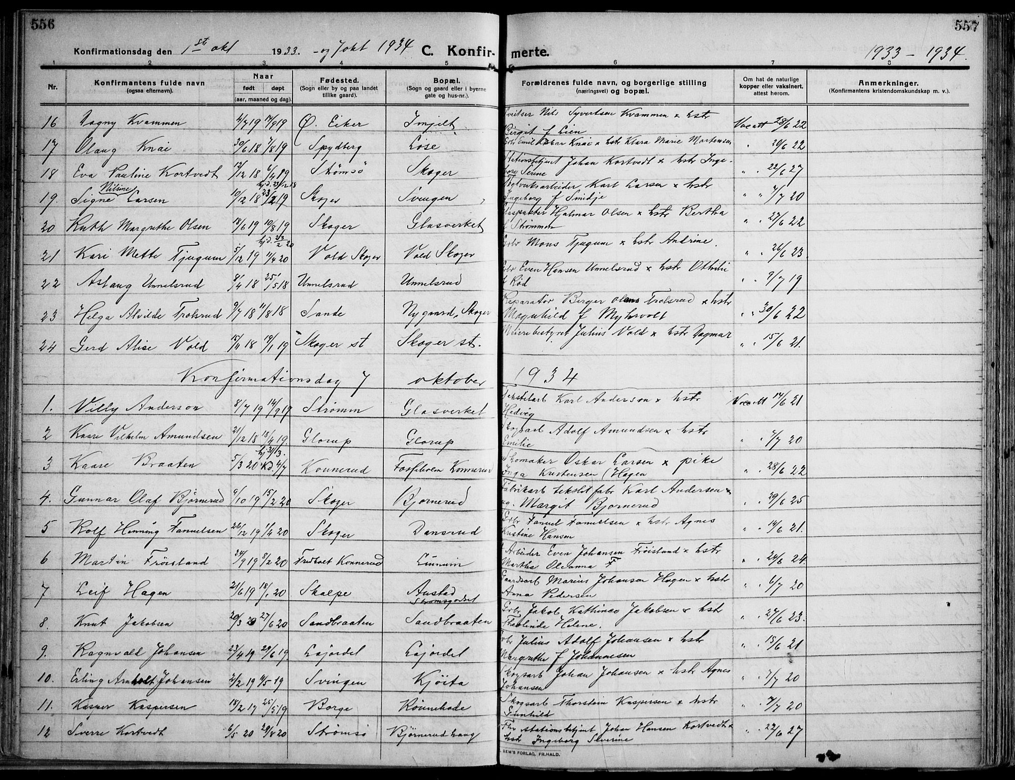 Skoger kirkebøker, AV/SAKO-A-59/F/Fa/L0007: Parish register (official) no. I 7, 1911-1936, p. 556-557